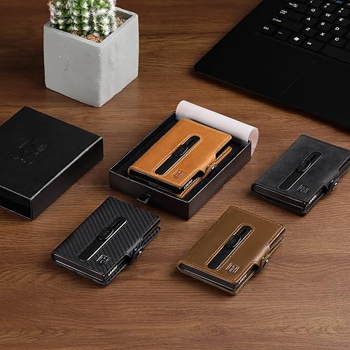 Miniatura 6 de Leaov Cartera delgada de cuero con ventana de identificación, tarjetas emergentes, protección RFID, cartera minimalista para hombres con bolsillo