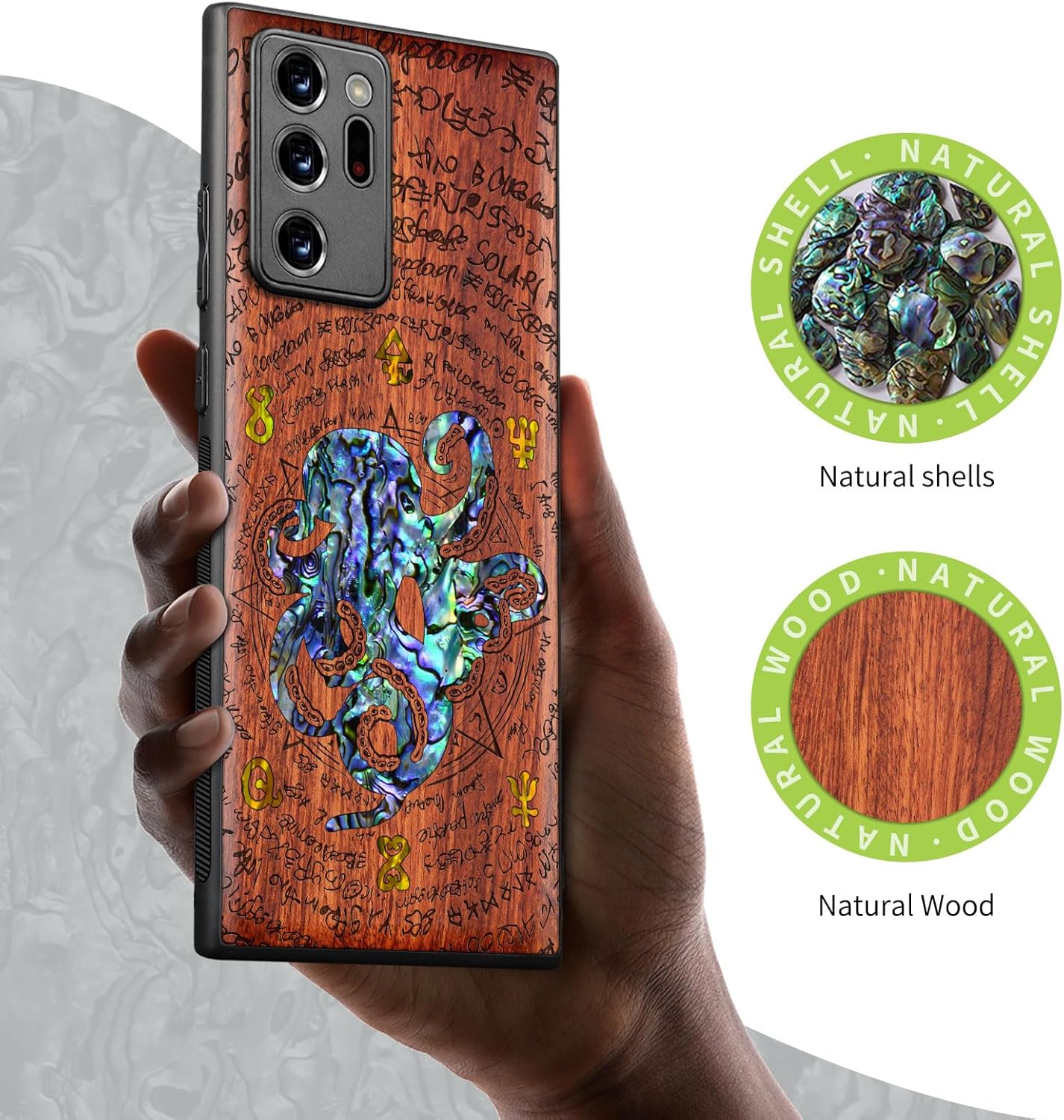 Carveit Designer Wooden Case for Samsung Galaxy Note20 Ultra Case Cover [Wood Engraving & Shell Inlay] Compatible with Wireless Chargers Galaxy Note20 Ultra (Octopus and Octagonal Star)