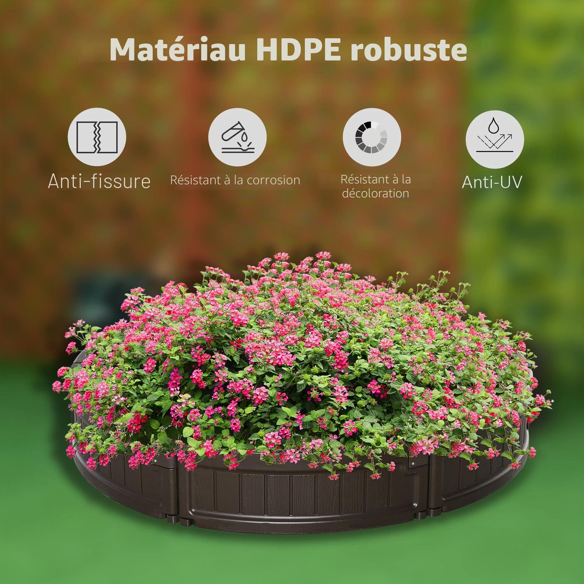 Outsunny Lit pour potager surélevé rond en plastique HDPE, jardinière d'extérieur pour plantes, fleurs et verdura, diamètre 123 x 21 cm, marron