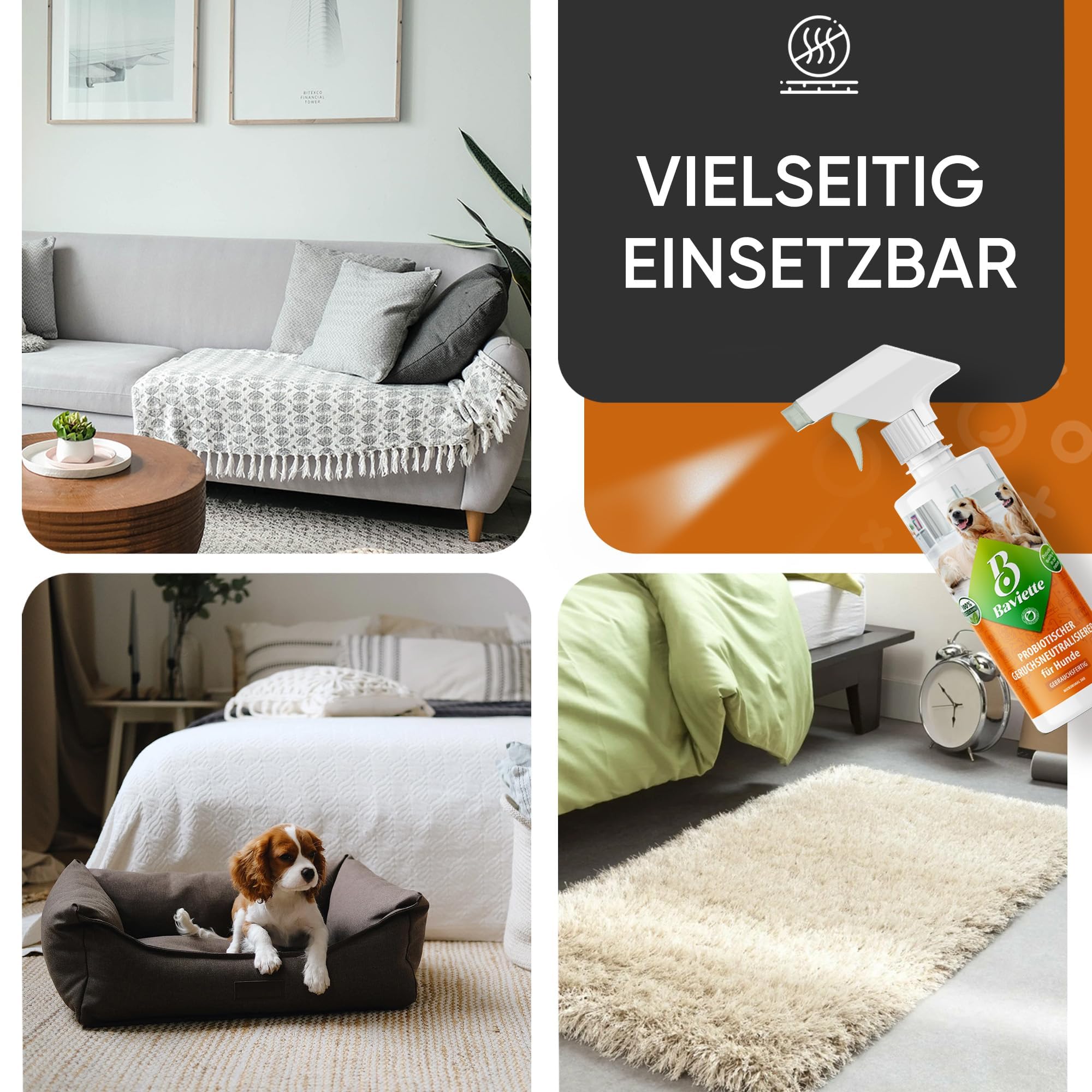 Baviette Spray 4 x 500 ml – Neutralizador de olores para hogares de Perros – con microorganismos Naturales – Inodoro, sin Cloro y Respetuoso con los Materiales – Adecuado para Textiles, Muebles