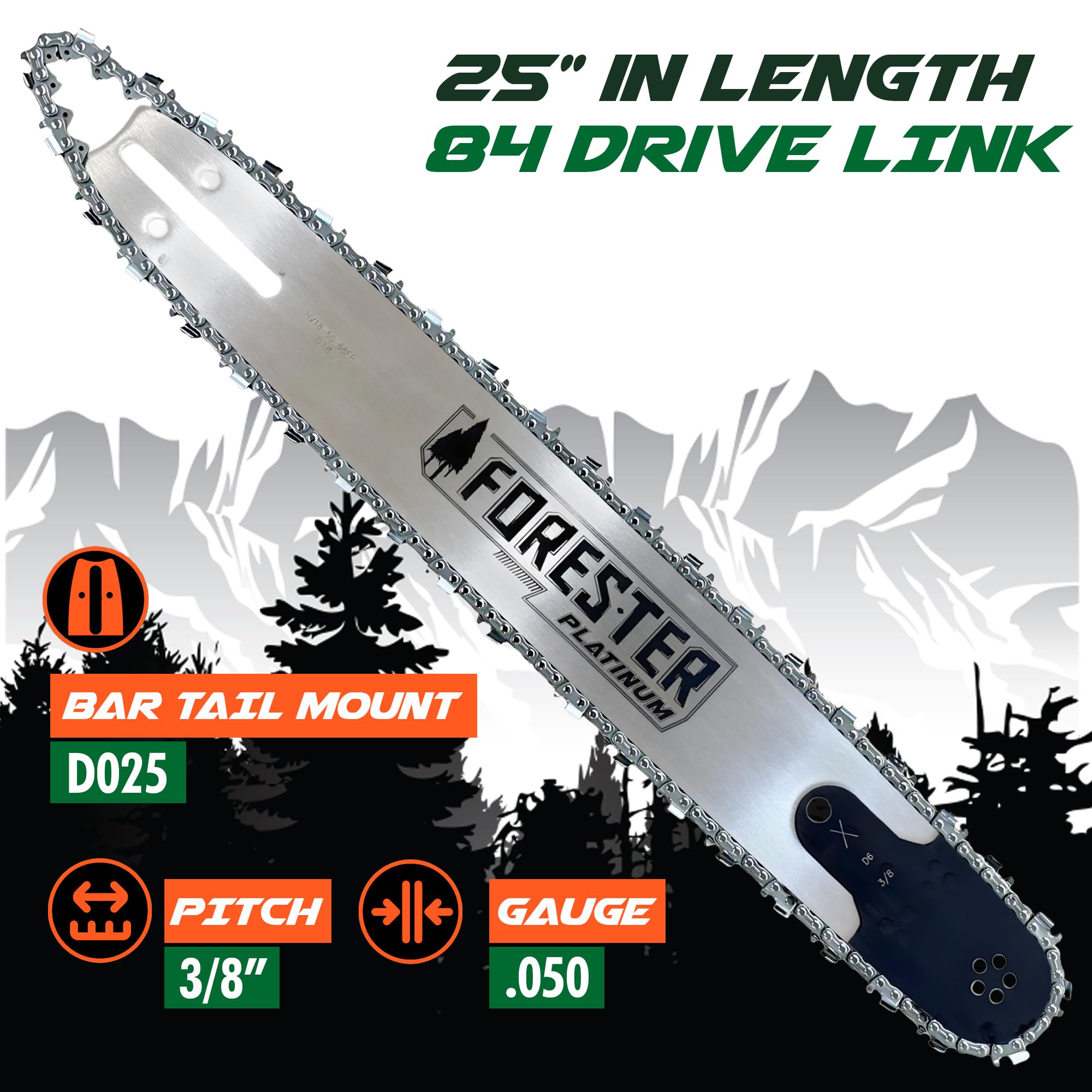 FORESTER Barra guía de motosierra de repuesto platino de 25 pulgadas y cadena – 25 pulgadas de longitud, paso de 3/8 pulgadas, calibre .050, montaje D025, enlace de transmisión 84 – Barras de