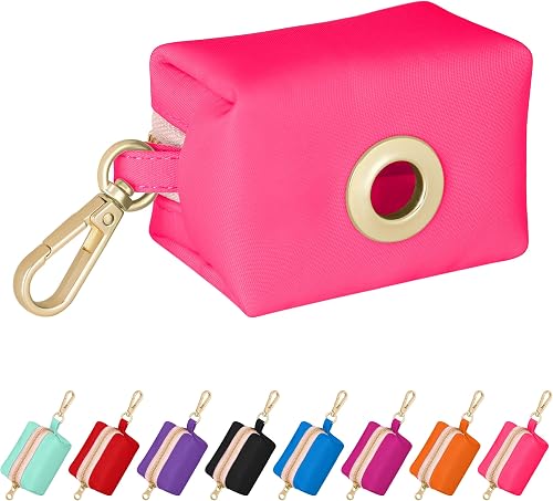 Didog Colorful Nylon Dog Poop Bag Holder with Metal Grommet & Carabiner Clip, Smooth Zipper, Includes 1 Roll of 15 Bags, Pink