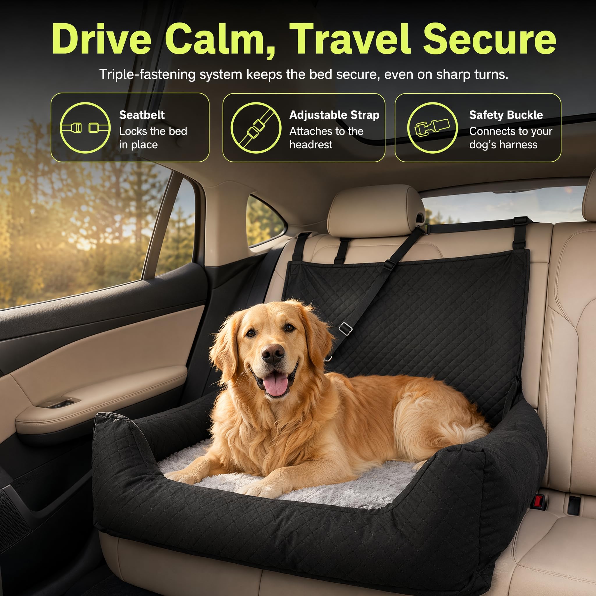 Hunde Autositz für Große Hunde Hundesitz Auto Rückbank 90x56x48cm mit Sicherheitsgurten Waschbarer Unterlage Hundeautositz Hundekorb Auto Hundebett Dog car seat für SUV Limousine Van