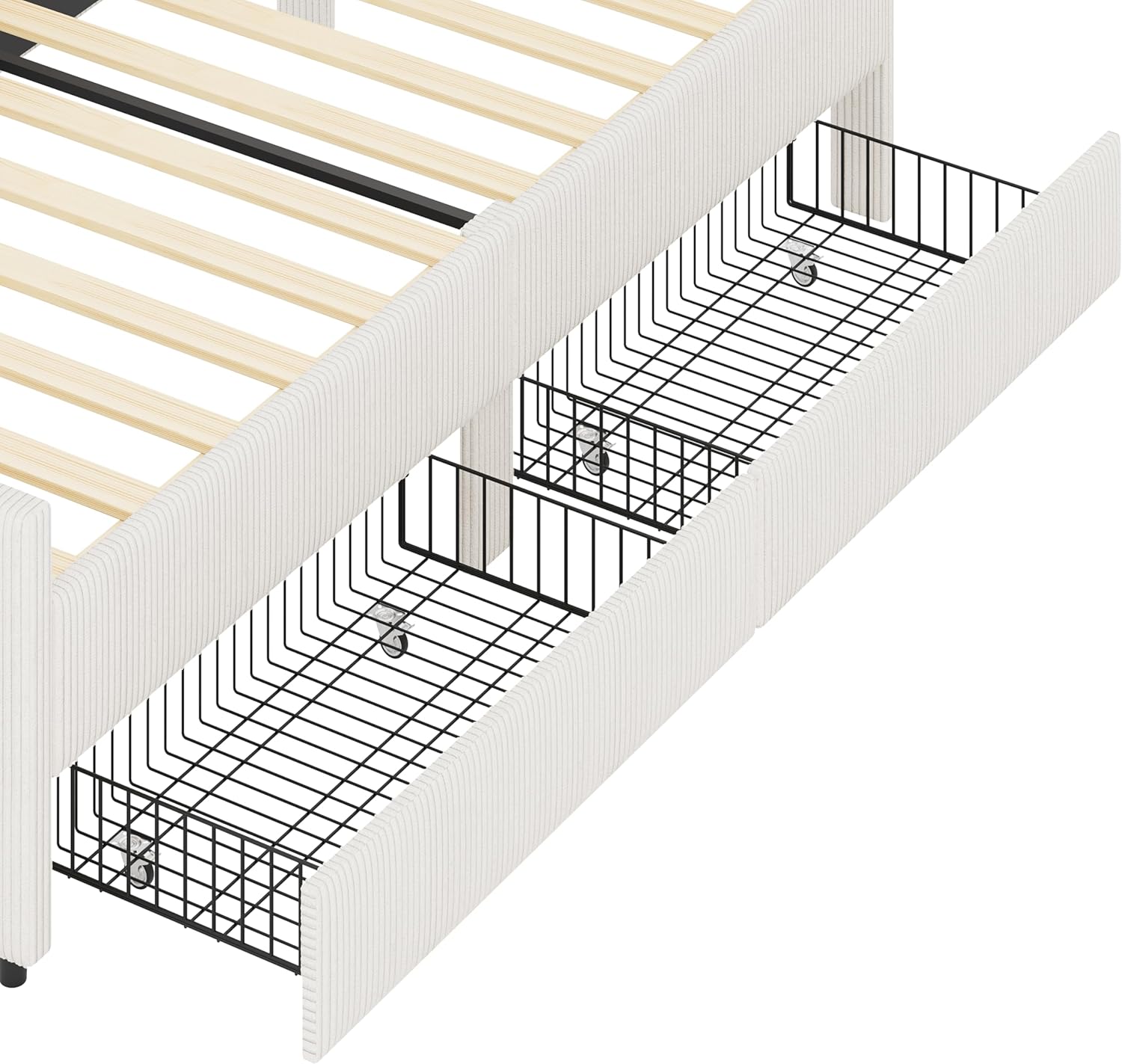 Merax Modern Twin Size Daybed with Headboard, Twin Upholstered Bed Frame with 2 Drawers, Wood L-Shaped Platform Bed Twin Size for Bedroom Office Living Room, No Box Spring Needed, Beige