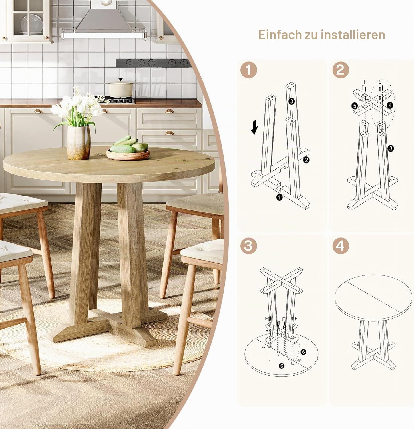 Tribesigns Esstisch Rund, Runder Esstisch für Esszimmer Wohnzimmer, 80 cm Esszimmertische für 2-4 Personen, Küchentisch mit Holztischplatte und Beinen, Natürliche Holzfarbe