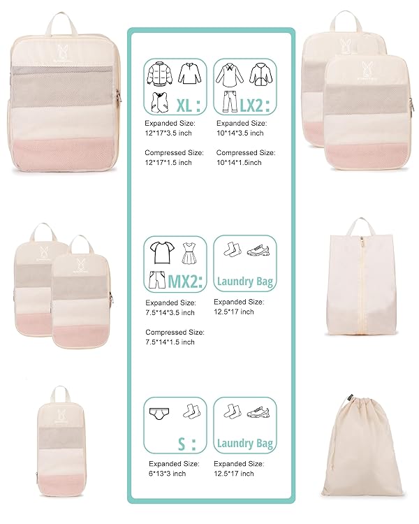 6 Set Compression Packing Cubes for Travel, Bunnychill Portable Zipper Packing Cube for Cloting, Expandable Space Saver Storage Luggage Organizer Bags for Suitcases(Beige) by Bunnychill - Image 5