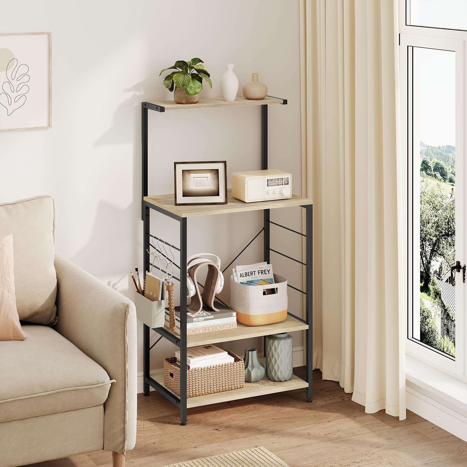 WOLTU Scaffale per Cucina in Acciaio Legno 4 Ripiani Carrello per Microonde Scaffalature Organizzatore 60x40x123 cm