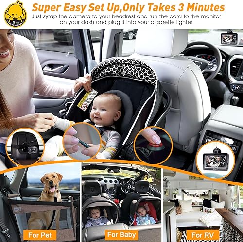 Miniatura 3 de Cámara de coche para bebé, paquete de 2 unidades para asiento cámara ajustable para automóvil infantil, fácil instalación para familia con 2 autos,