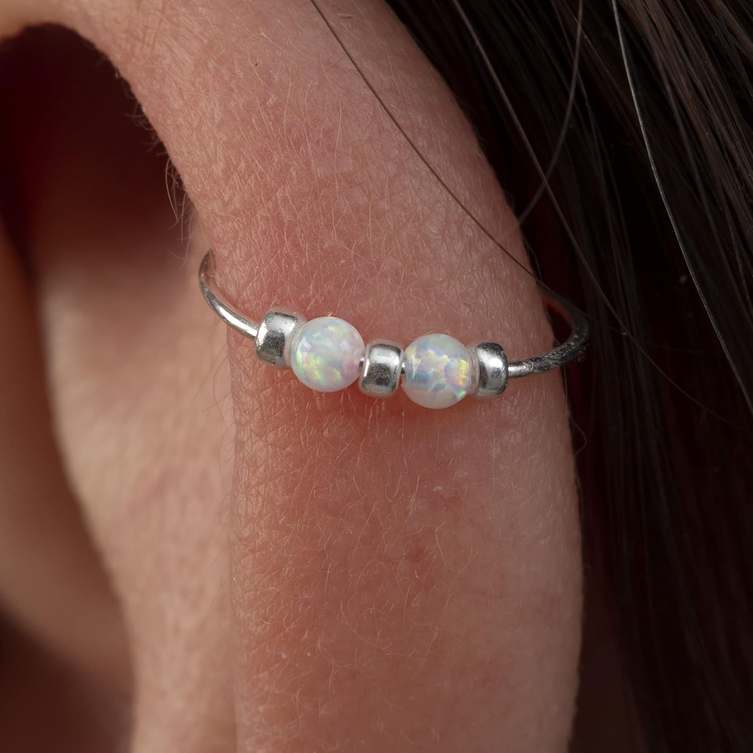 Cartilage Earring Hoop 20 Gauge - 925 Silver Helix Ring White Opals - Hypoallergenic 8mm Diameter Cartilage Ear Piercing White Opals - Handmade Body Jewelry for Women Men - Image 2