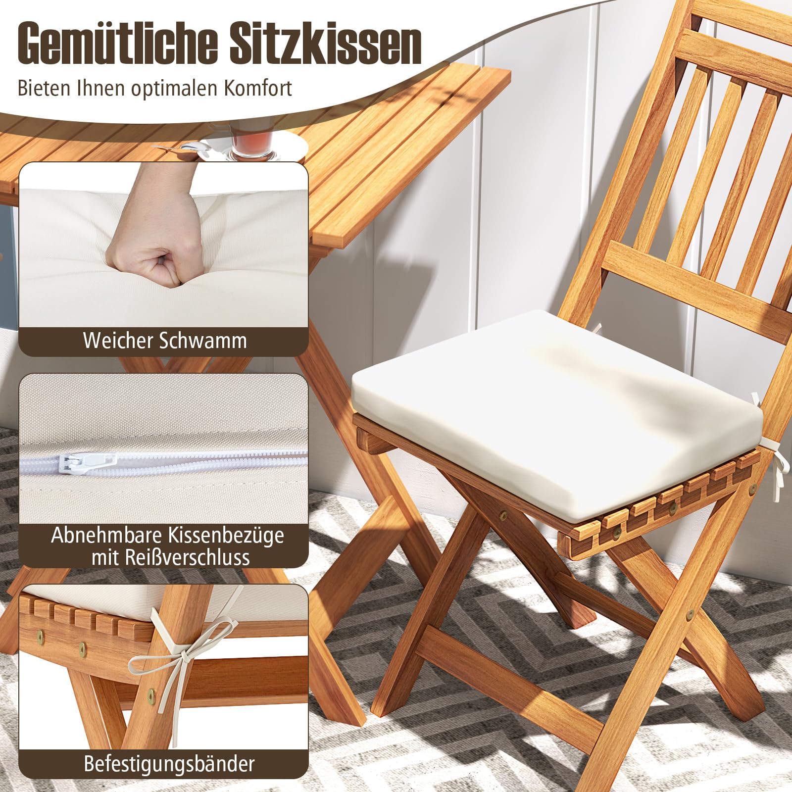 COSTWAY 3tlg. Balkonmöbel Set, Bistrotisch mit 2 Stühlen, klappbares Balkonset aus Akazienholz mit 2 Kissen, Bistroset, Gartengarnitur, Gartenmöbel, Sitzgruppe für Balkon, Garten (Vertikal)