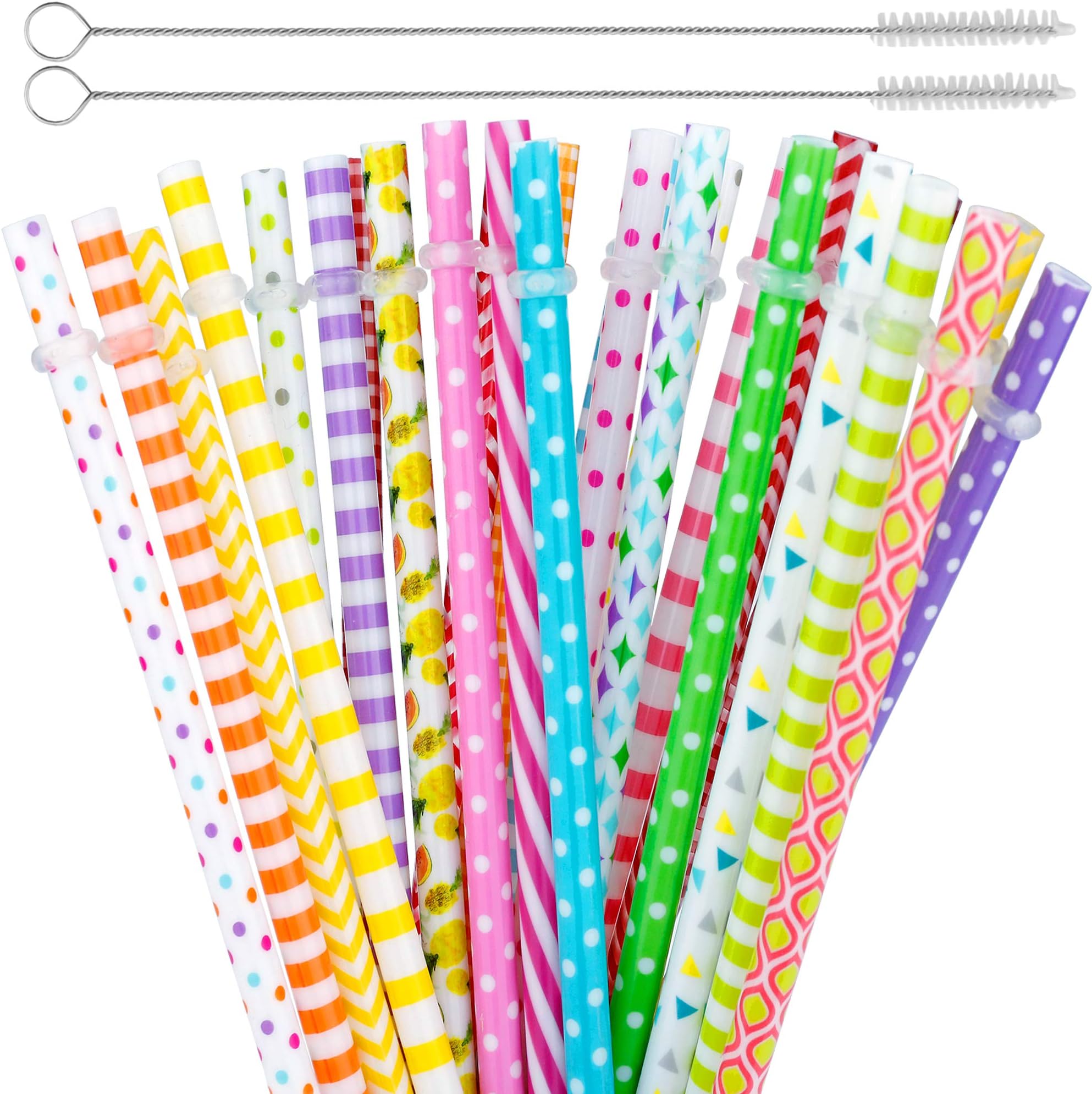 60 Pieces Reusable Straws,BPA-Free,9" Colorful Printing Hard Plastic Stripe Drinking Straw for Mason Jar Tumbler,Family or Party Use,2 Pieces Cleaning Brushs Included(Random Pattern)