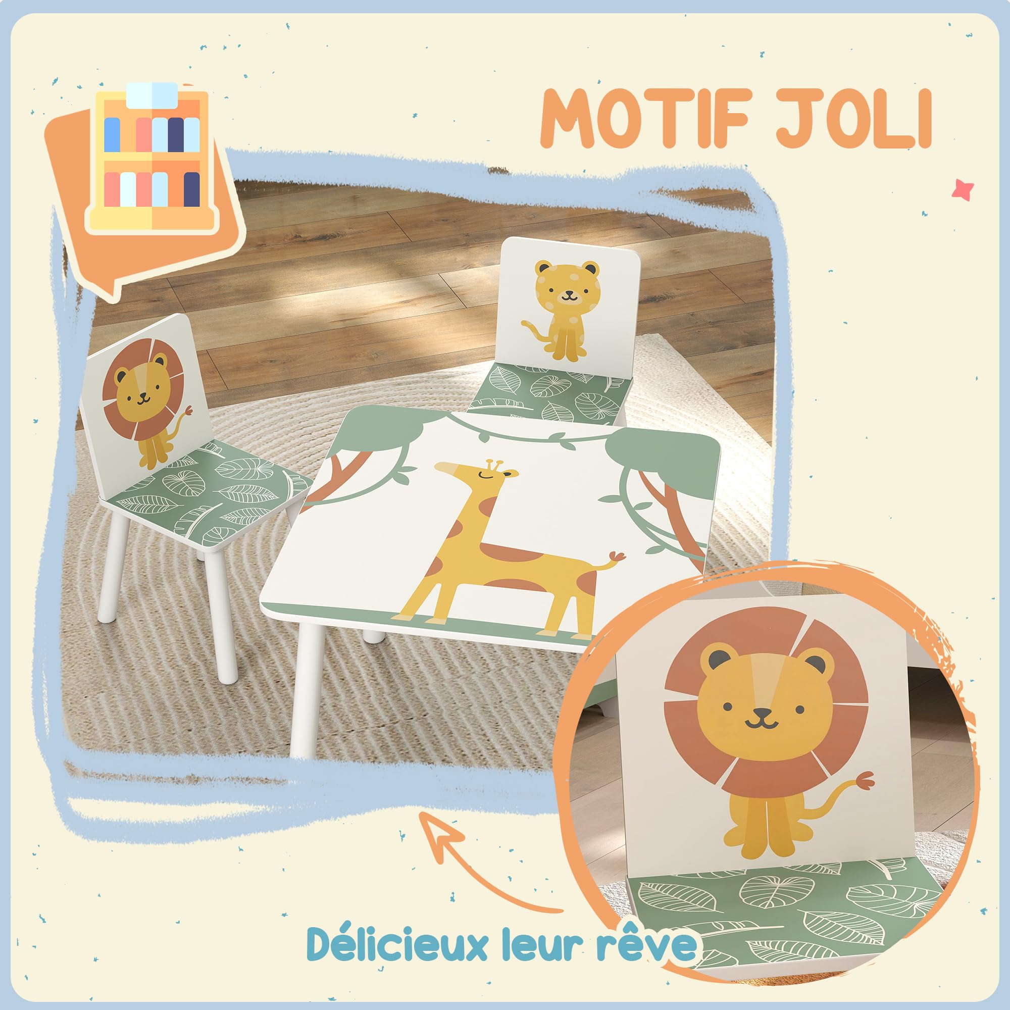 AIYAPLAY Table Enfant avec 2 Chaises en Bois pour Dessiner, Jouer, étudier, Motifs Animaux, Vert, 3-8 Ans