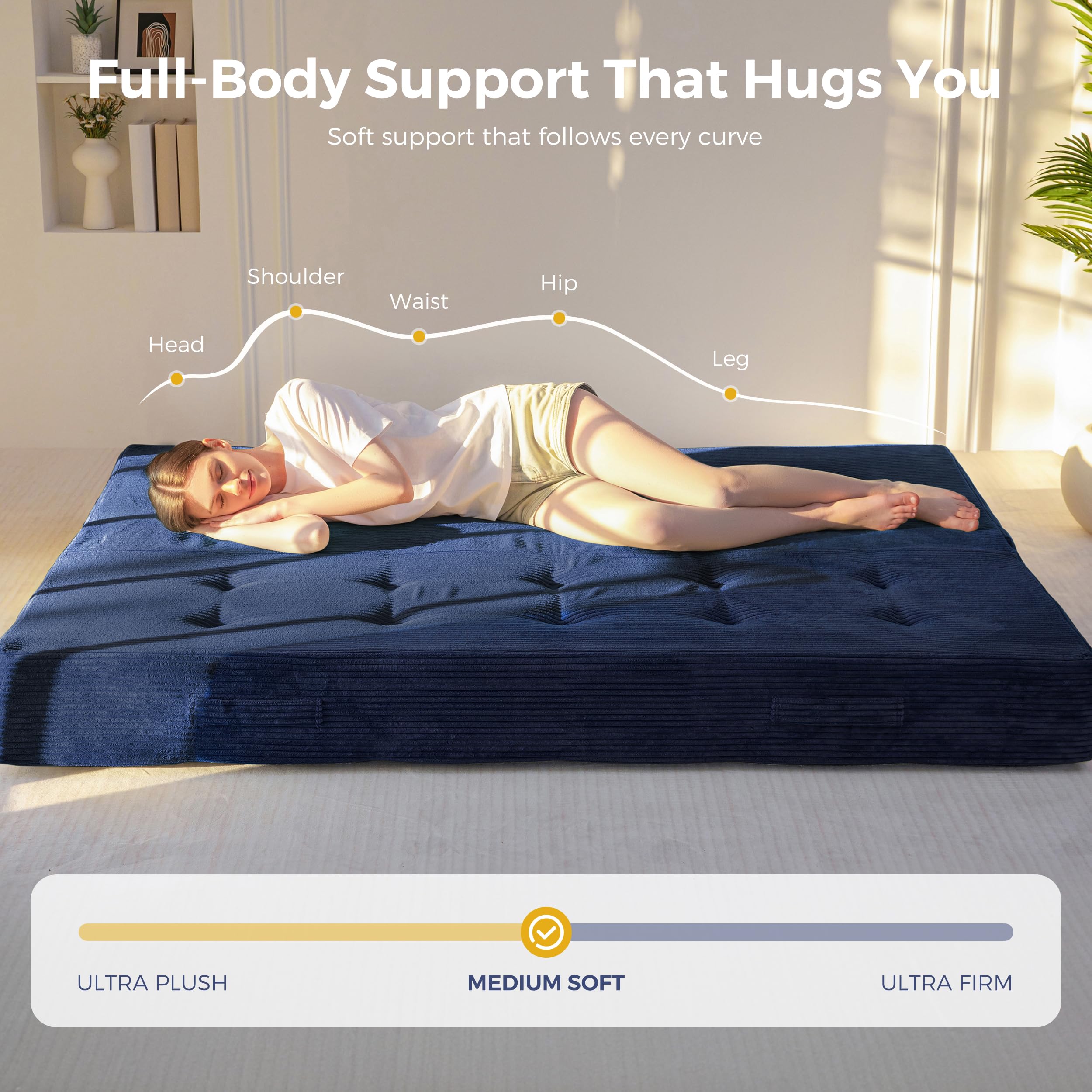 MAXYOYO Foldable Mattress, 8-Inch Tufted Futon Mattress with Handles | Tufted Floor Sofa Bed and Versatile Mattress, Carry Handles for Living Rooms or Guest Rooms, Frame Not Included, Navy