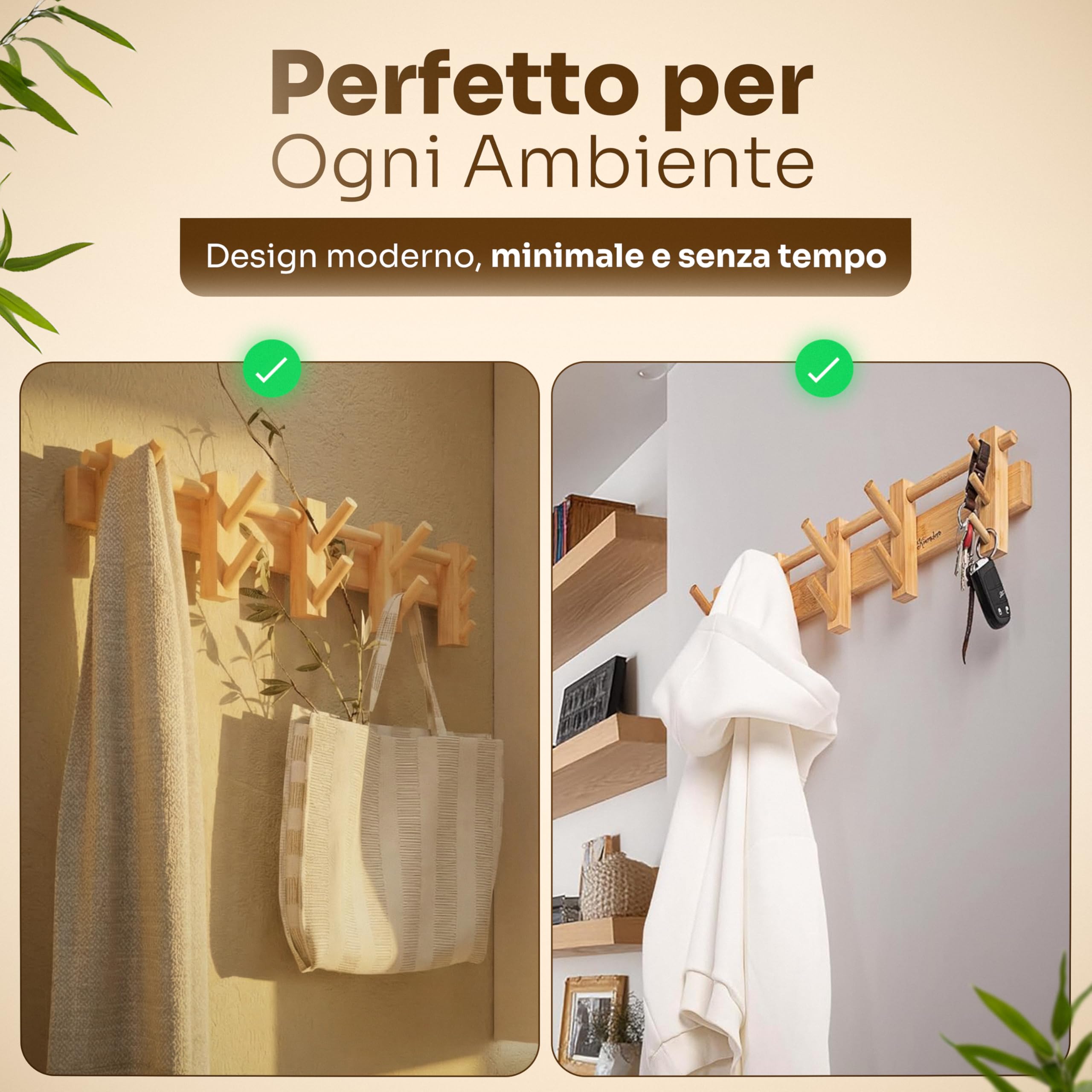 Attaccapanni da parete - 58cm - Appendiabiti da Parete Legno Ecofriendly - 4 Ganci Doppi di cui 2 Mobili - Appendiabiti da Muro - Portachiavi da Parete Design
