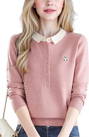 Women Polo Layered Look Sweater Button up 2 in 1 Knit Pullover Tops