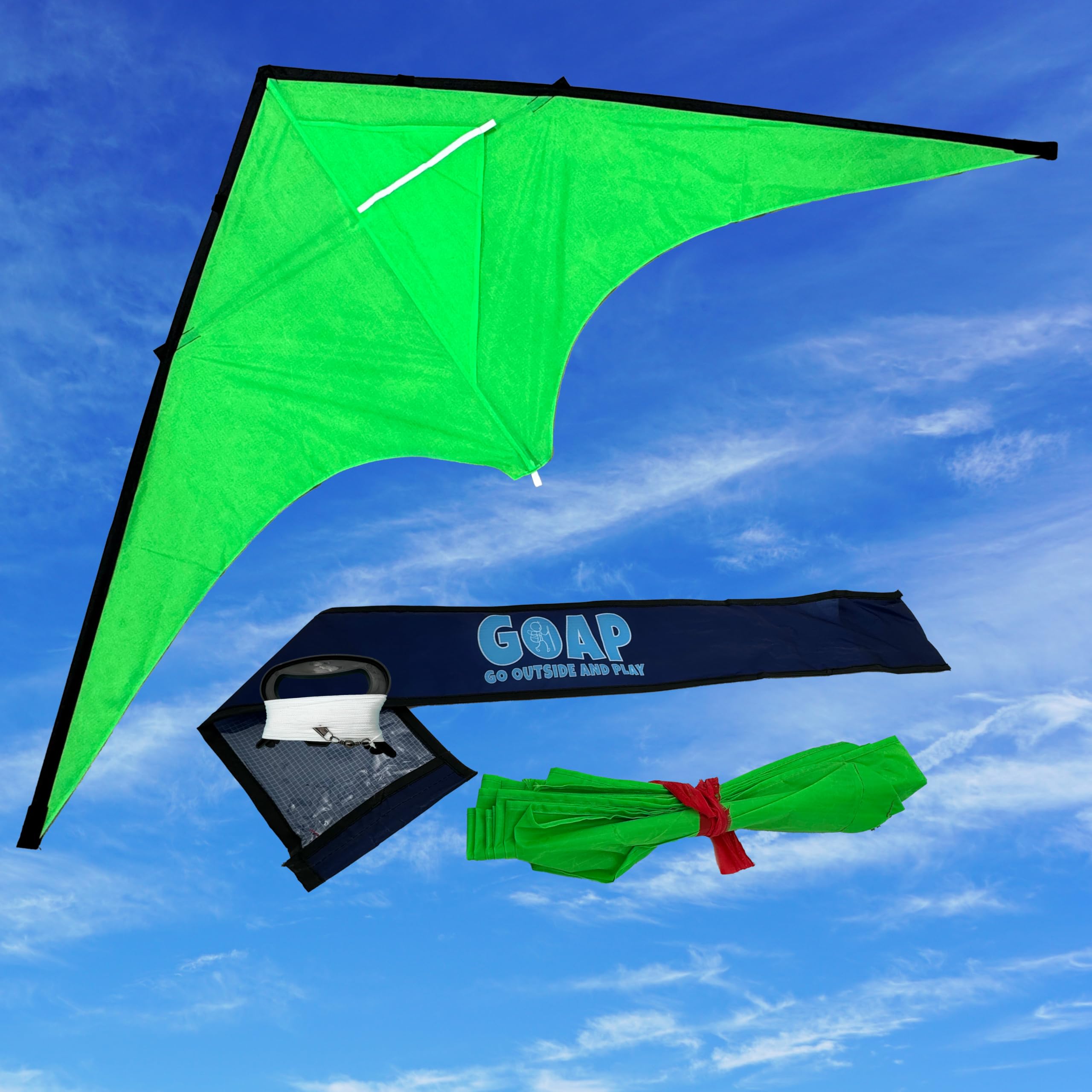 Large Delta Kite, Solid Green 80W x 33T inches, 35 Foot Tail - Hand Crafted Polyester Beginner Easy to Fly
