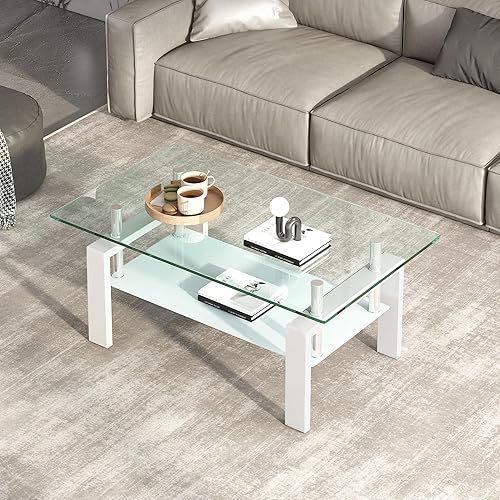Miniatura 6 de Moderna mesa auxiliar rectangular de vidrio de 2 niveles, mesa de té de vidrio templado transparente para sala de estar, 39.4 x 23.7 x 17.68