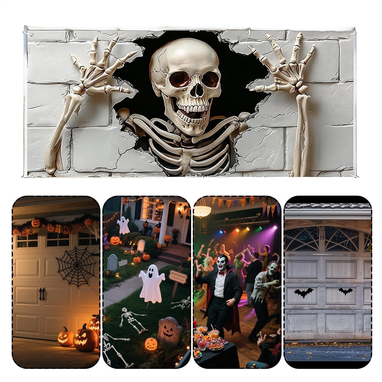 Halloween baner do bramy garażowej, 1,8 x 4 m, wielokrotnego użytku, czaszka Halloween | Ściana garażowa tło baner do użytku na zewnątrz dom podwórko noc księżyca nawiedzony dom wakacje ściana okno impreza