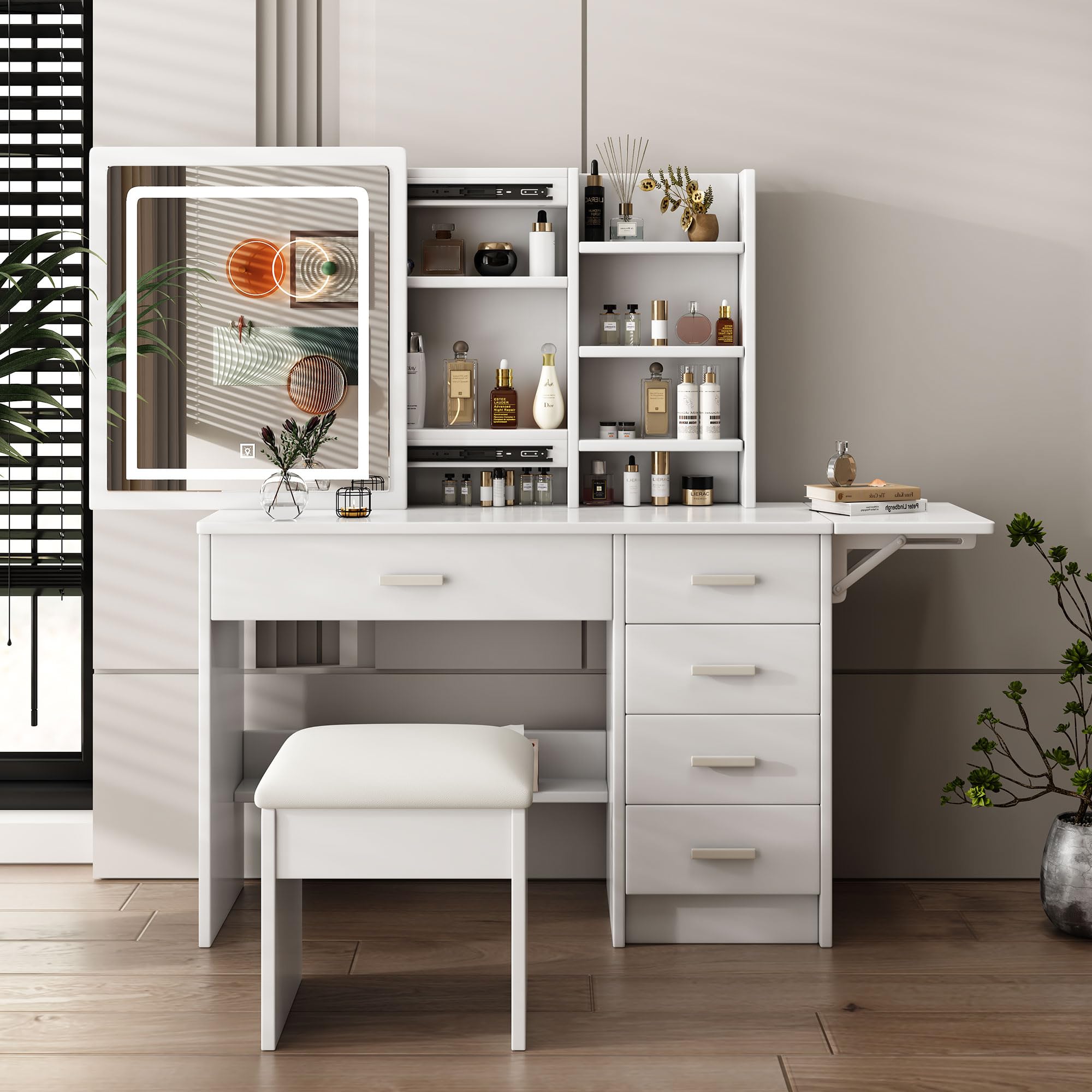 Runboll Vanity Desk with Mirror and Lights, White Makeup Vanity Chair Set with Fold-up Panel, Dressing Table with 5 Drawers and Shelves, 3 Lighting