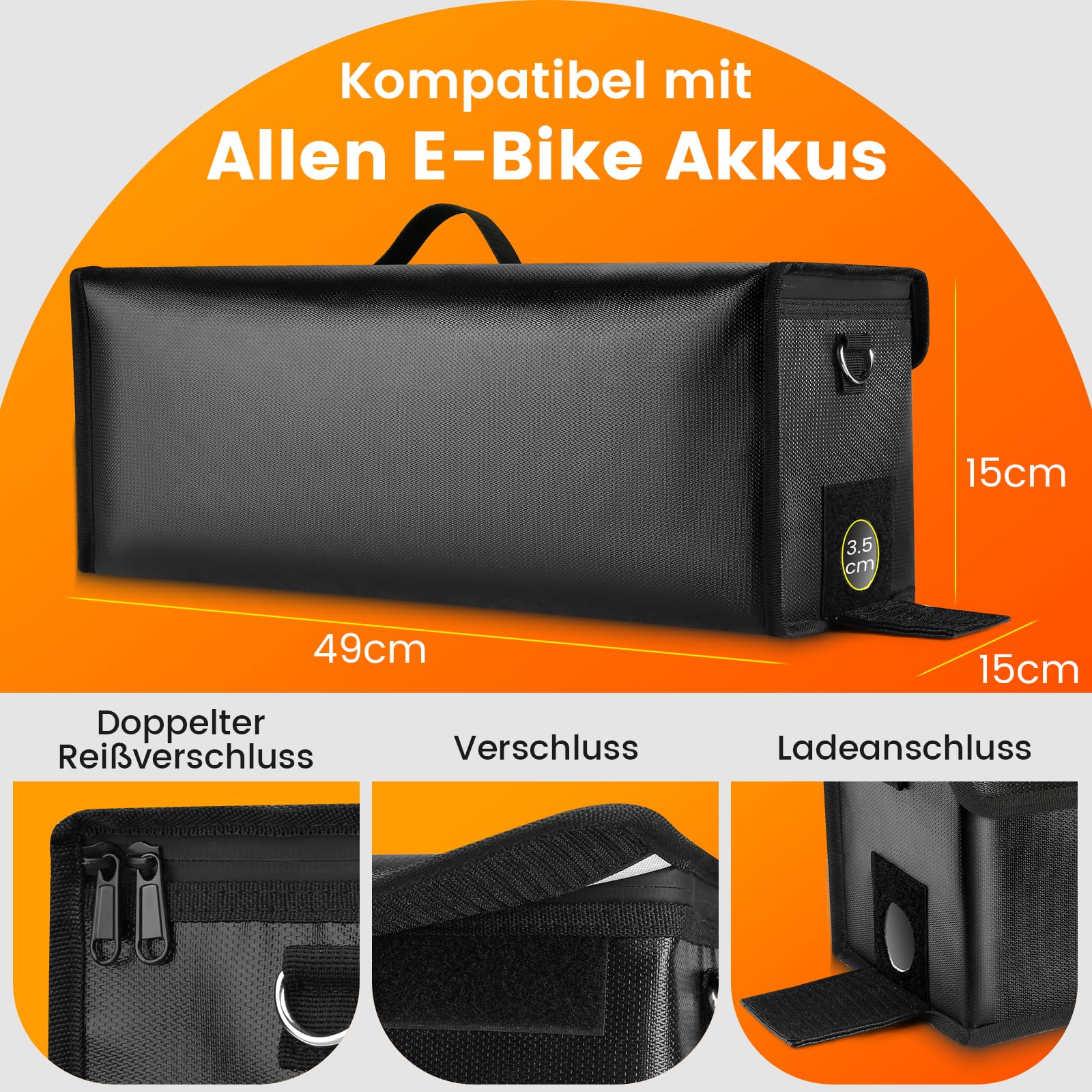 GUOOTU 2 Er Set Ebike Akku Tasche,Feuerfest bis 1400 °C,für Lagerung,Transport, Akku Tasche Wasserdicht Explosionssicher,Ebike akku schutzhülle Großraum (2, 49 x 15 x 15cm -2 Stück)