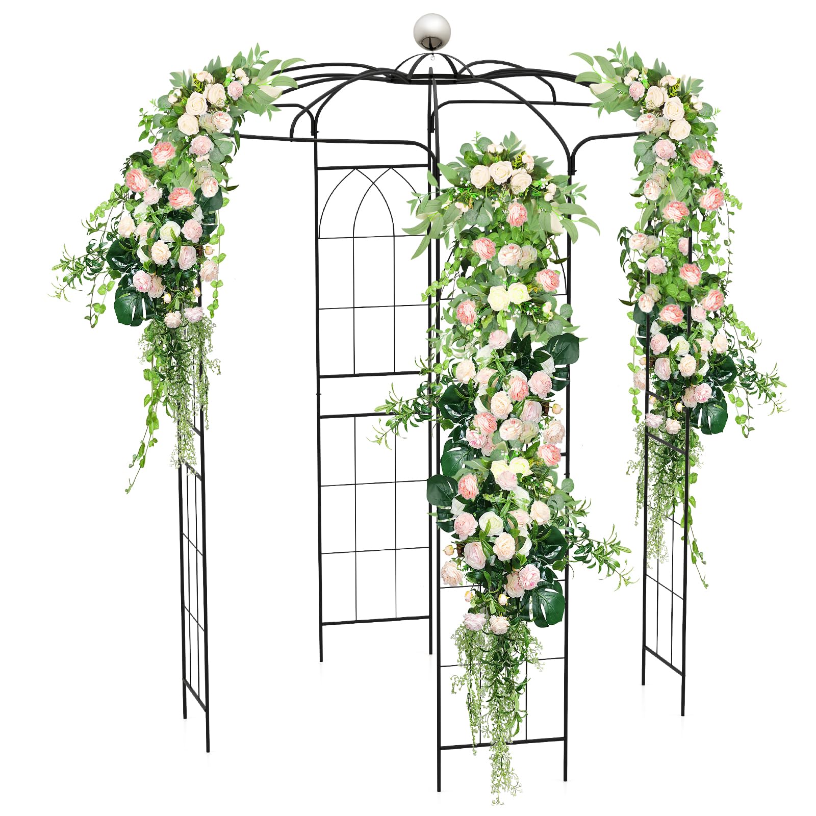 HOMASIS Pergolato da Giardino a Forma di Gabbia per Uccelli, Arco da Giardino in Metallo, Traliccio con Tettoia e 4 Lati per Piante Rampicanti, Pergola da Giardino per Matrimoni, Nero (198 x 284 cm)