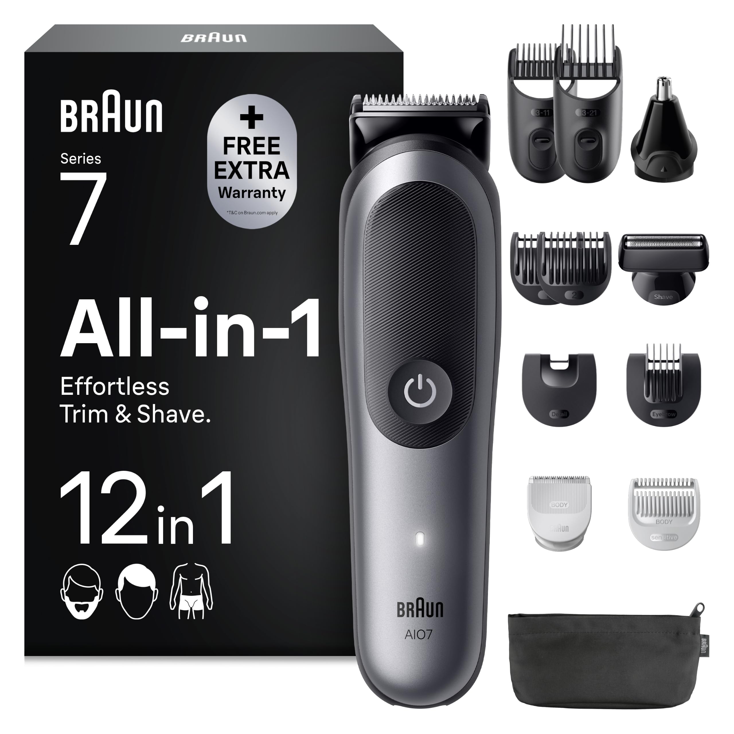 Braun Rasoio Elettrico Barba e Capelli Serie 7, Accessori, AIO7565 Blu | Rifinitore All-in-One 12in1, Lama Problade, Rasoio Elettrico Corpo Uomo, Peli Naso, Balsamo Barba, Impermeabile Ricaricabile