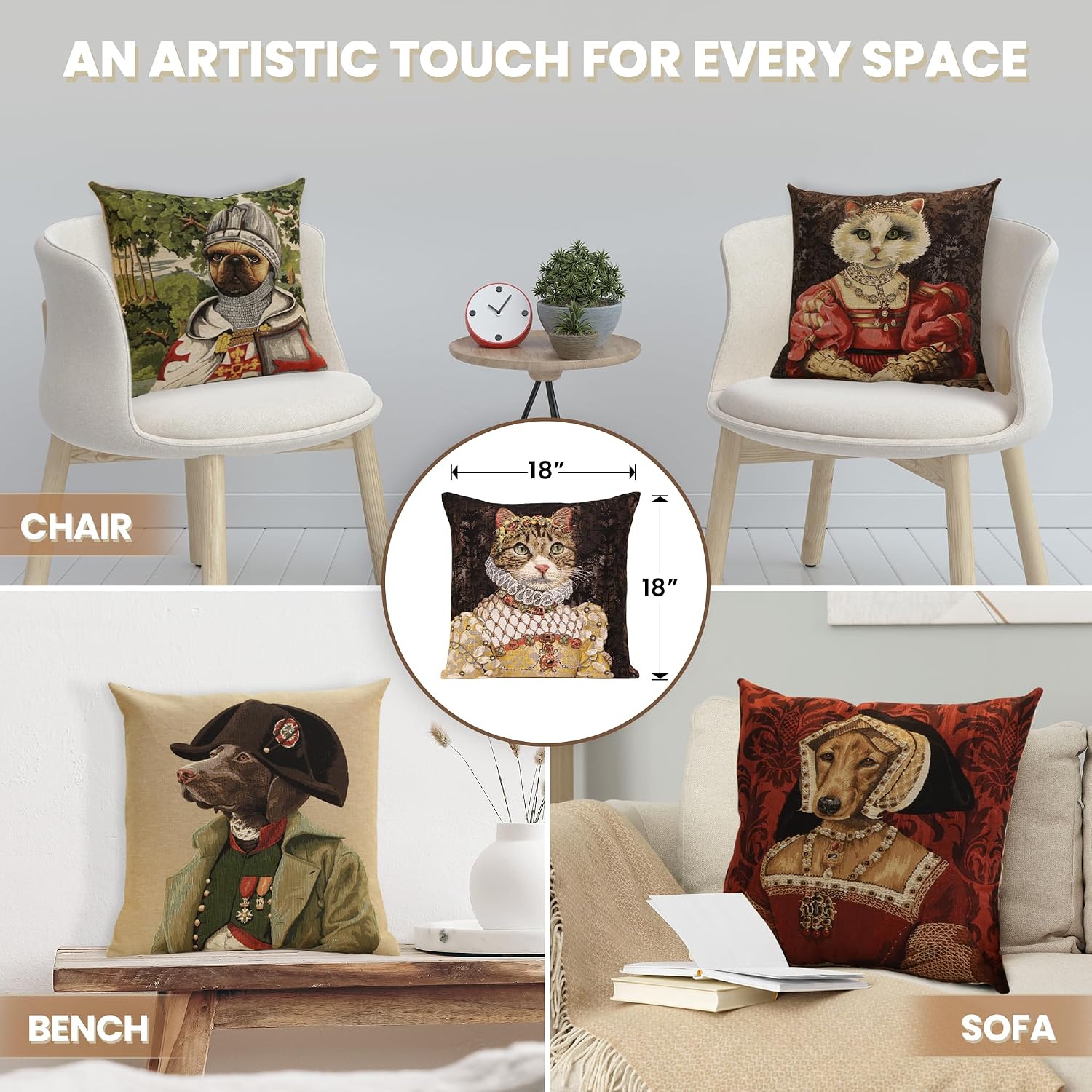 Charlotte Home Furnishings Inc Decorative Cat Throw Pillow Cover 18” x 18” – Grey Cat Sisi Tapestry Cushion Cover for Couch, Sofa, Bed and Living Room | Belgian Woven Cotton