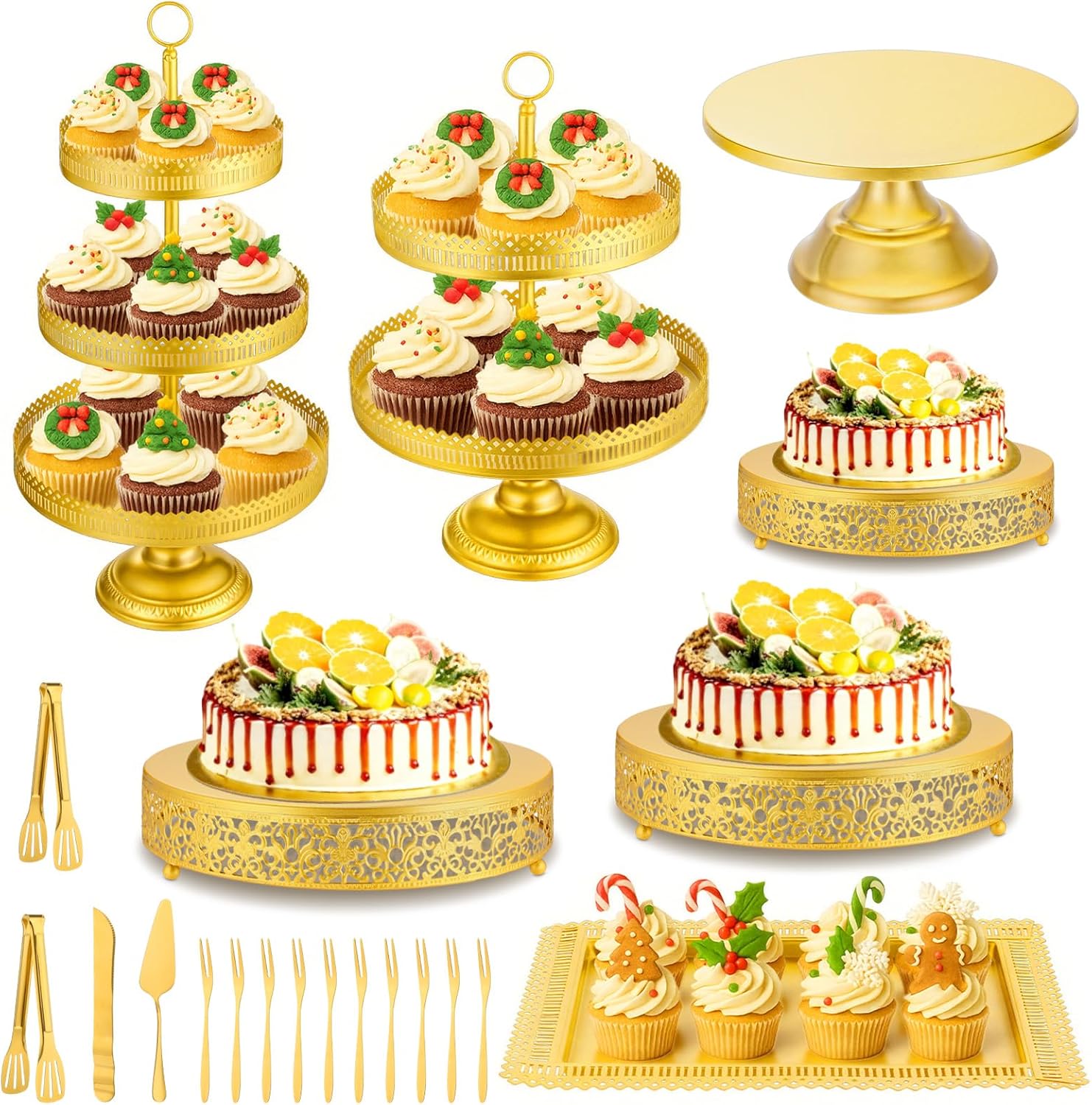 Wenqik 21 Pcs Gold Cake Stand Set Metal Dessert Display Set Tiered Cupcake Holder Square Serving Trays Round Tower Tray Platter for Wedding Birthday Party Celebration (Elegant Style)