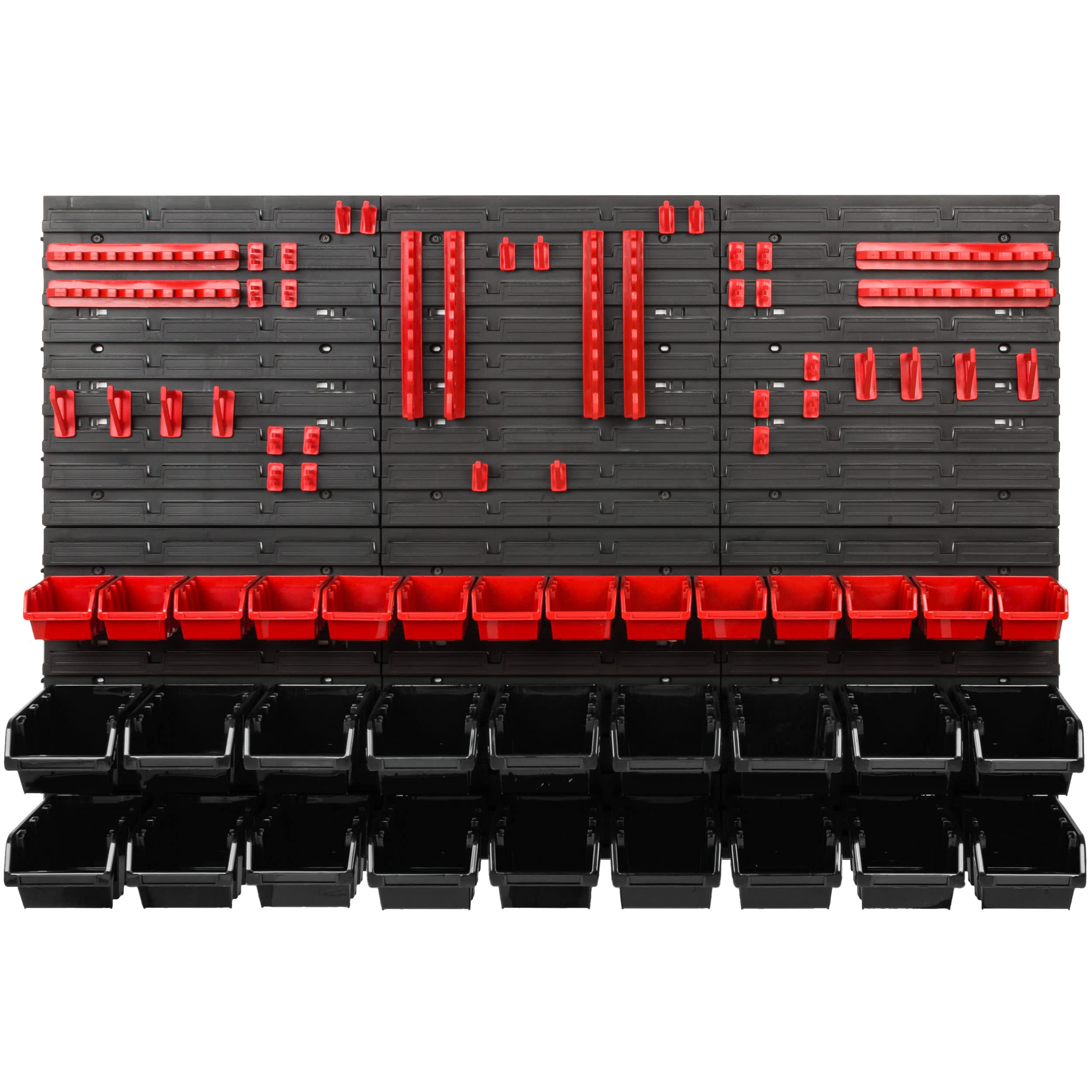 Scaffale da officina, 117 x 78 cm, 32 pezzi, con supporti per attrezzi e scatole impilabili, pannelli da parete, scaffali extra resistenti, per merci, garage, scaffali