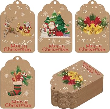 Yoget Christmas Tags with String, Xmas Gift Tags for Gift Wrapping - Christmas Tree Snowman Snowflake Hanging Labels for Presents, DIY Xmas, Decorations