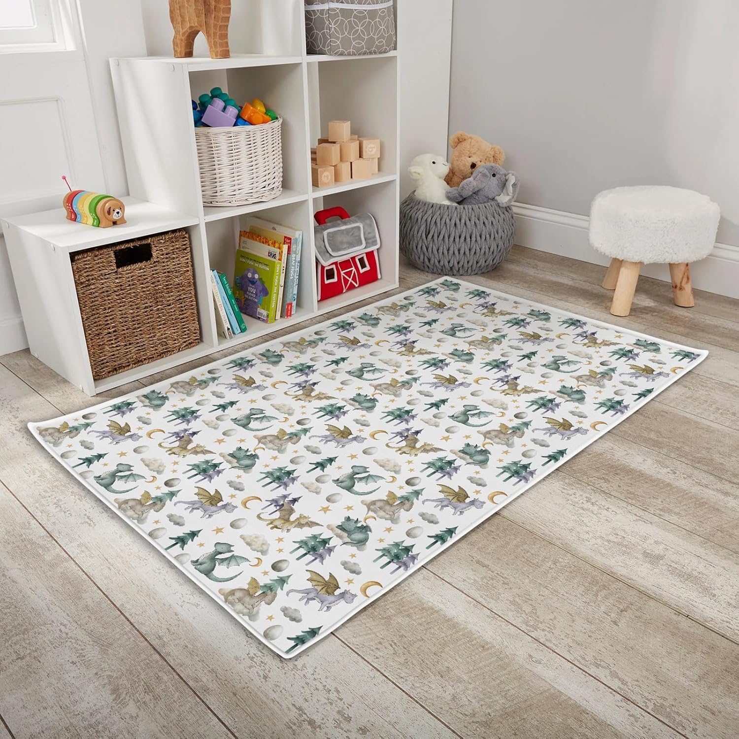 HawSkgFub Baby Toddler Boy Girl Watercolor Cute Dragon Fairy Tale Playroom Area Rug, Cloud Moon Star Dragons Egg Non Slip Nursery Play Mat Carpet, Neutral Kids Bedroom Living Room Decor