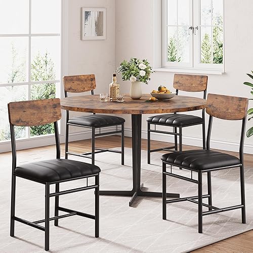 Juego de 4 sillas de comedor industriales, sillas de comedor tapizadas con piel sintética, sillas de cocina con respaldo de madera y patas de metal