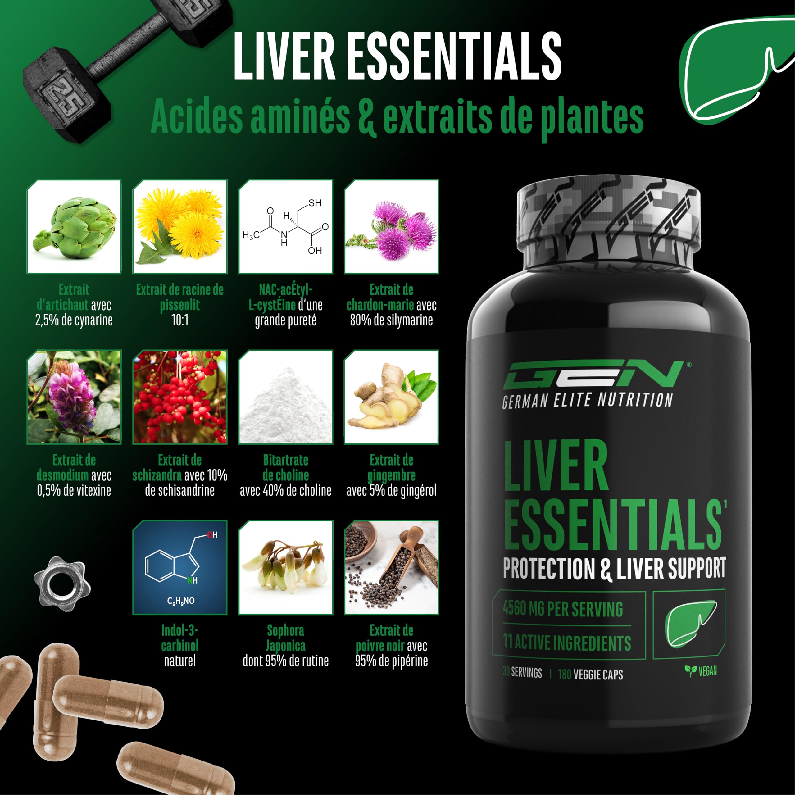 Liver Essentials - 180 gélules - Complexe hautement dosé avec chardon-marie, choline, NAC, artichaut, pissenlit, schizandra, extrait de gingembre, indol-3-carbinol, desmodium, rutine - végétalien