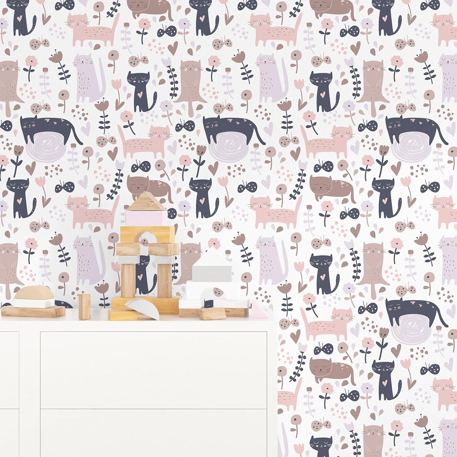 Pink/Purple Cat Wallpaper Peel and Stick Cute Cartoon Floral Wallpaper for Kids Room Nursery 17.5"x102" Funny Kitten Self Adhesive Removable Contact Paper for Cabinets Farmhouse Walls Decor