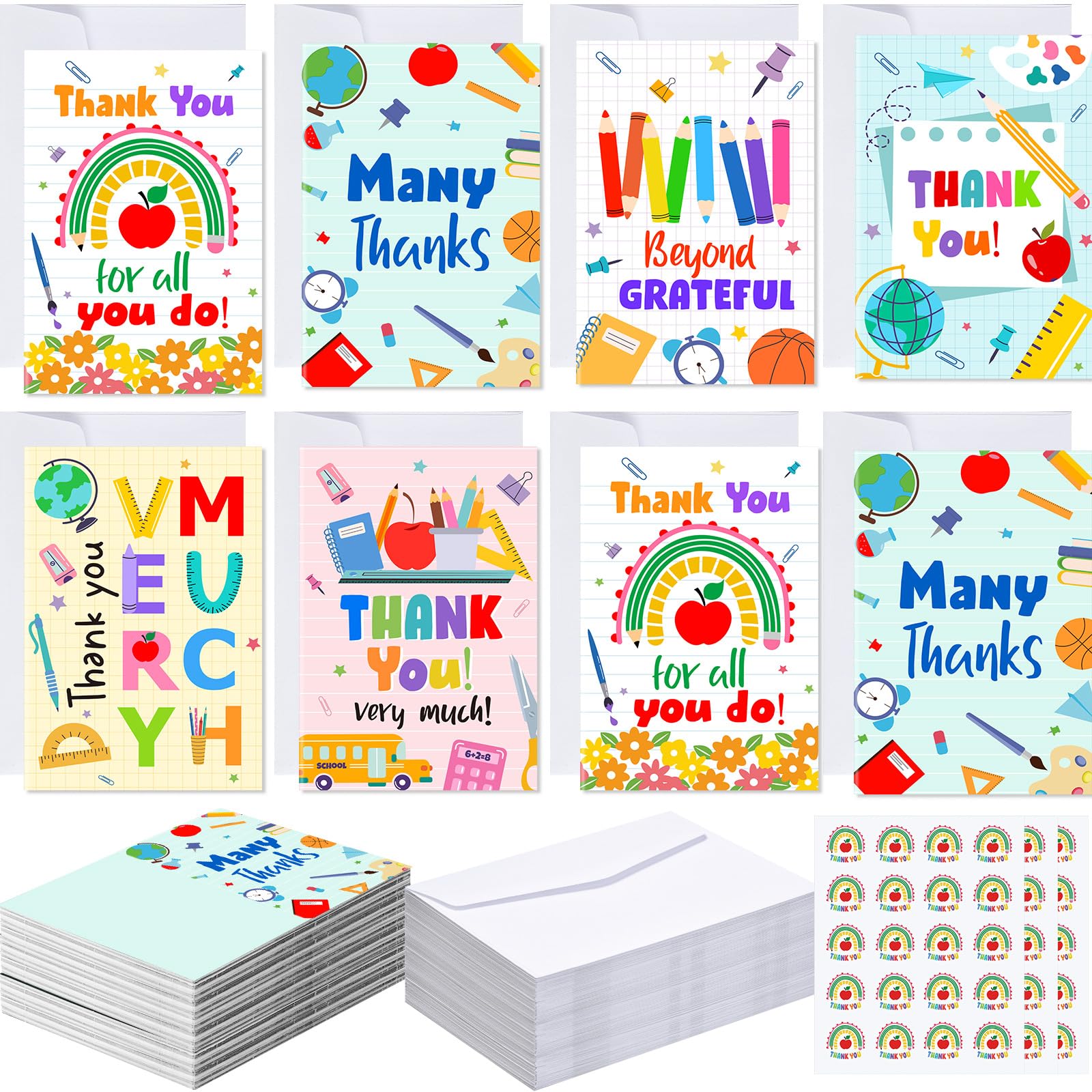 Motiskyy Juego de 48 tarjetas de agradecimiento para profesores con sobres y calcomanías, tarjetas de felicitación de estudiantes a granel para la semana de agradecimiento de los profesores, mejor