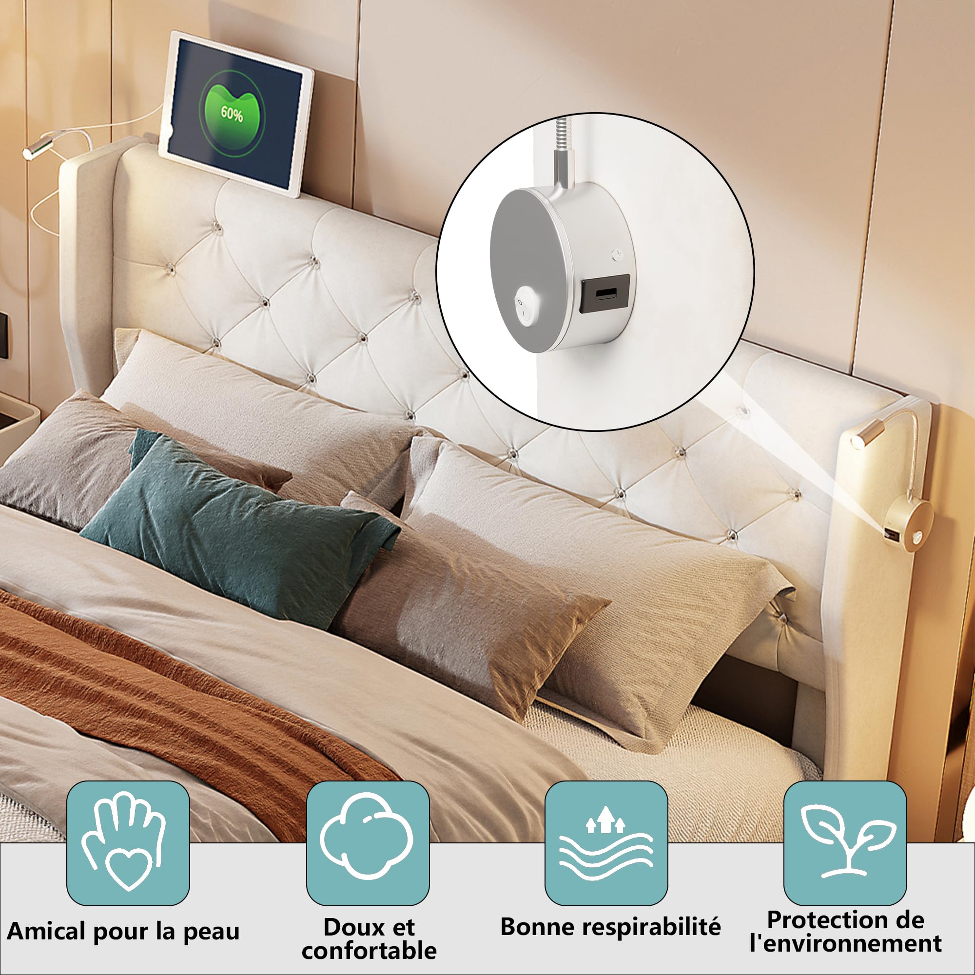 Cama de 160 x 200 cm con somier, cama tapizada con USB y 2 lámparas de lectura de cama acolchada con almacenamiento y somier de láminas, camas para adultos con lámpara de noche ajustable, terciopelo
