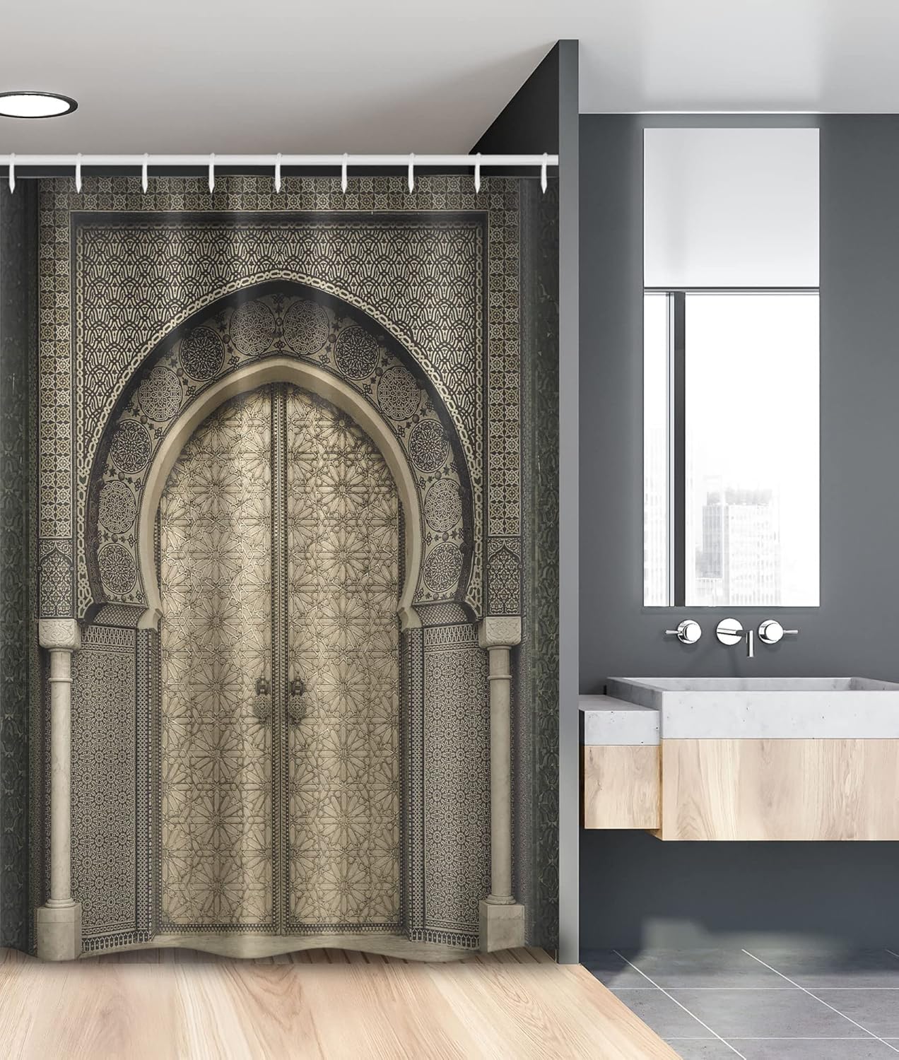 Ambesonne Moroccan Stall Shower Curtain, Aged Door Geometric Pattern Doorway Design Entrance Architectural Oriental Style, Fabric Bathroom Decor Set with Hooks, 54" W x 78" L, Sepia Black