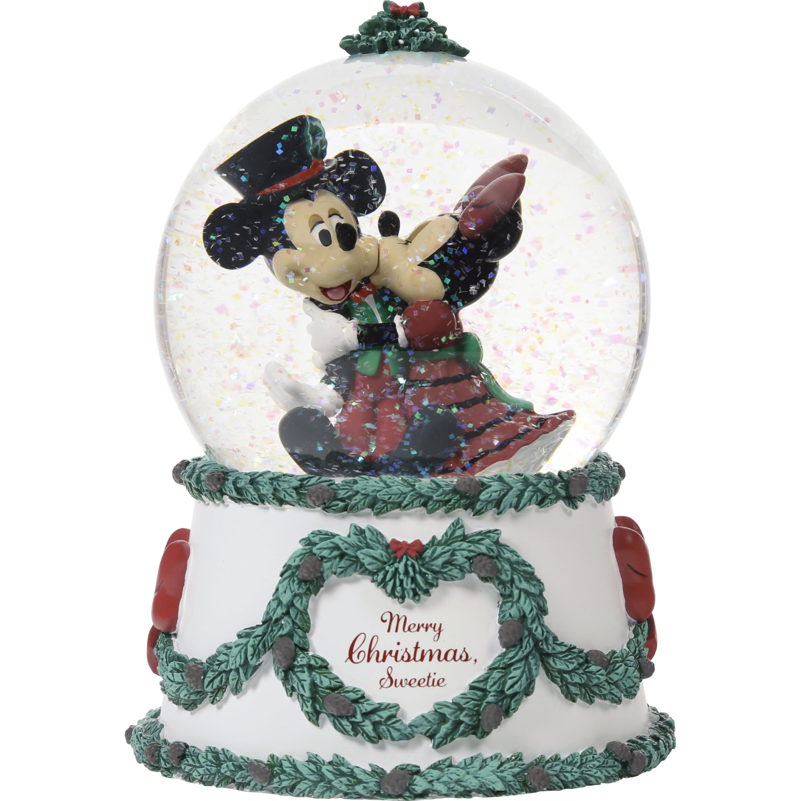 Precious Moments White 241701 Merry Christmas, Sweetie Disney Mickey Mouse And Minnie Mouse Resin/Glass Musical Snow Globe