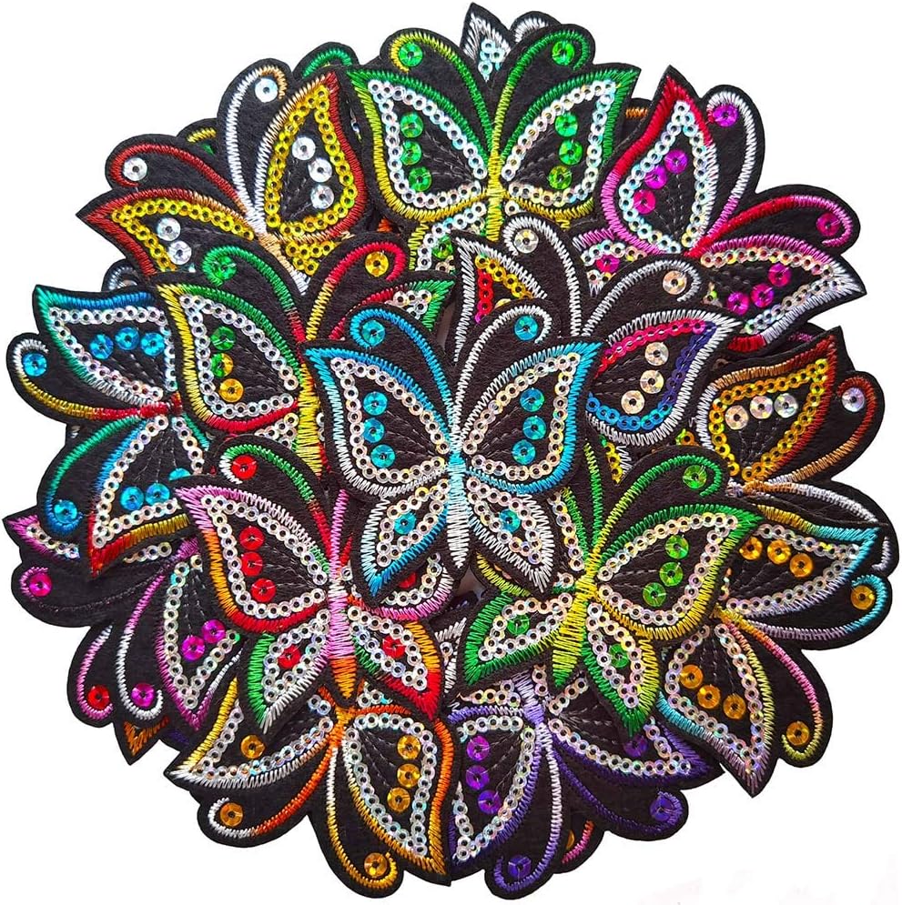 24pcs Assorted Colors Sequin Butterfly Sew on/Iron on Embroidered Patches Clothes Hat Pants Shoes Curtain Decorating DIY Craft Embarrassment Applique Patches (Sequin Butterflies 24pcsp)