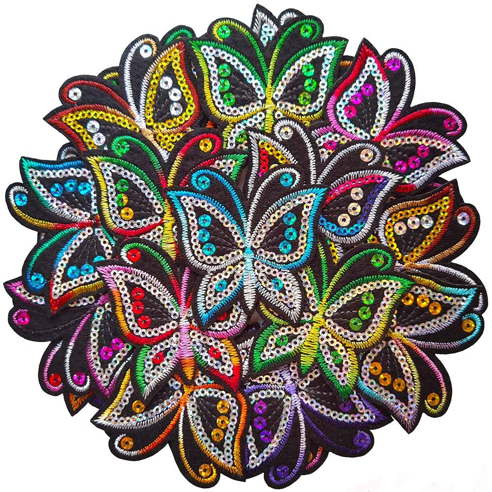 Qingxi Charm 24pcs Assorted Colors Sequin Butterfly Sew on/Iron on Embroidered Patches Clothes Hat Pants Shoes Curtain Decorating DIY Craft Embarrassment Applique Patches (Sequin Butterflies 24pcsp)