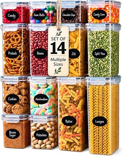 DWËLLZA KITCHEN Set of 14 Airtight Food Storage Containers for Pantry Organization and Storage - Sugar, Flour, Pasta, Spaghetti Plastic Air tight Kitchen Storage Containers With Lids, Labels & Marker