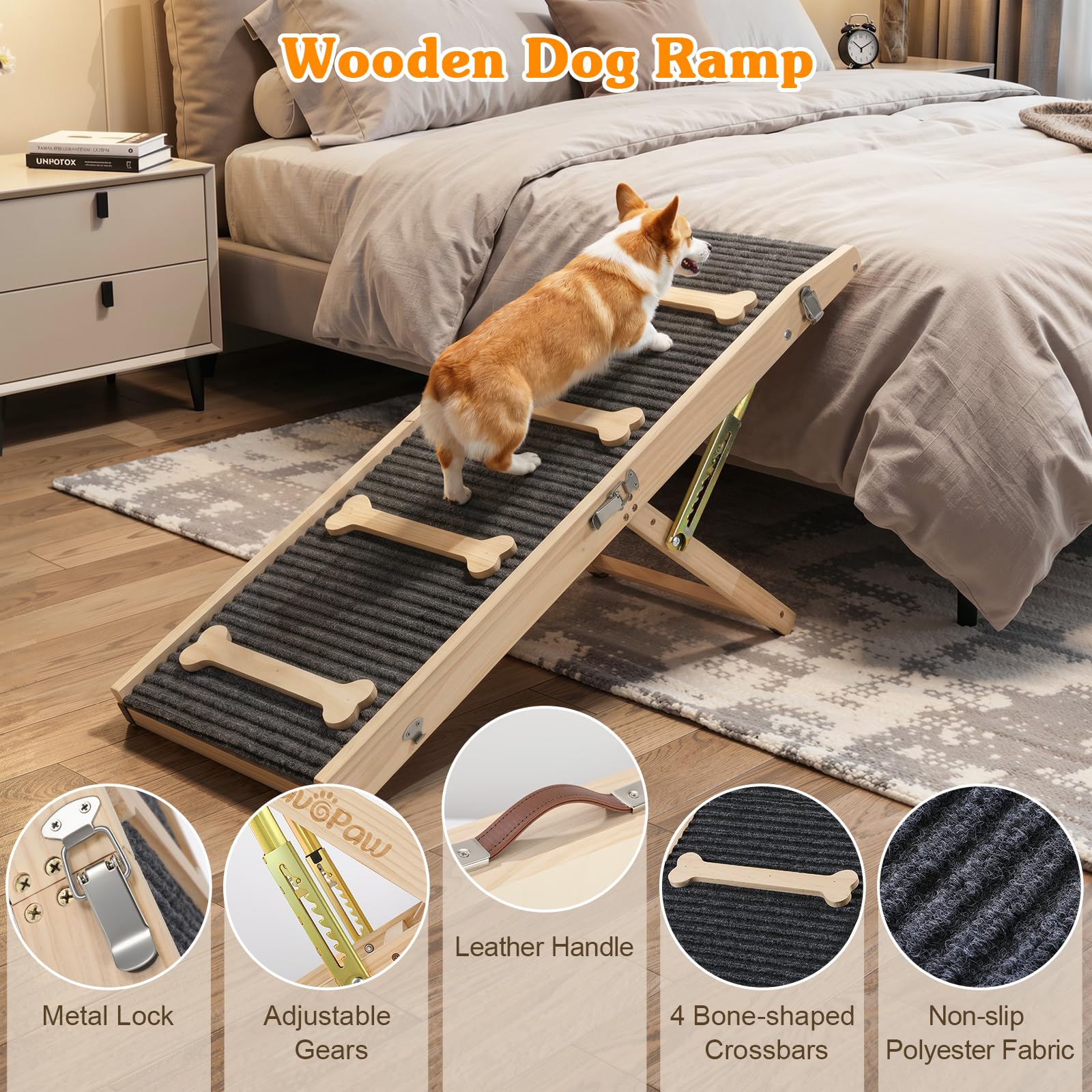 VavoPaw Hunderampe für Sofa und niedrige Möbel, Rampe für Kleine Hunde bis 15 kg, 7 Einstellbar Höhe von 2,4"-18,5" mit rutschfest Matte, Tragbar Hundetreppe für Sofa Couch Treppe