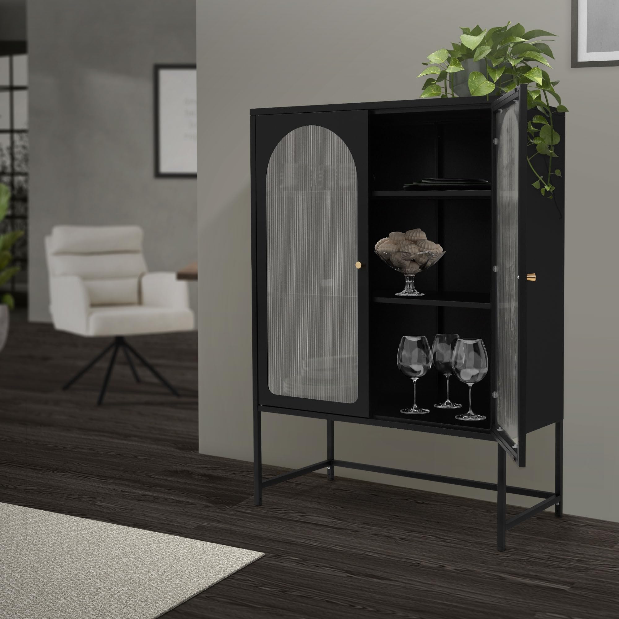 ML-Design Vetrina 85x120x40 cm Nera – Armadio con 3 Ripiani e 2 Ante con Chiusura Magnetica – Mobile in Acciaio Stile Industriale per Soggiorno Libreria Archivio Ufficio