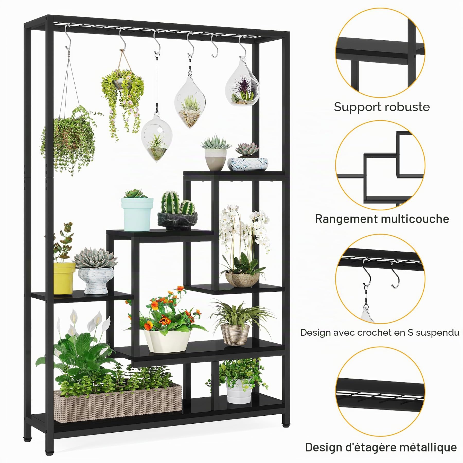 Tribesigns Support pour plantes d'intérieur à 5 niveaux - Grande étagère en métal de 180,1 cm avec 10 crochets de suspension en S - Multifonction - Pour intérieur, jardin, balcon, salon - Noir