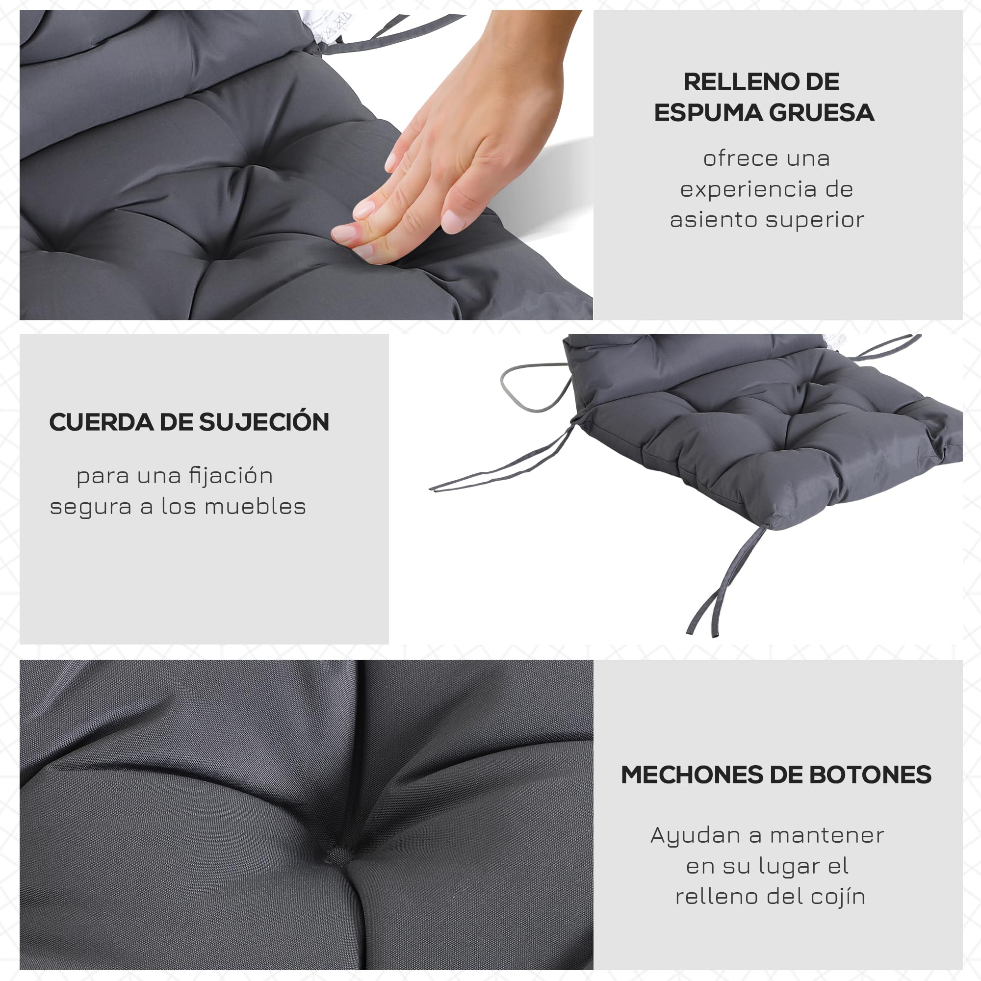 Outsunny Conjunto de 2 Cojines para Silla Terraza 98x50x8 cm Gris Oscuro | Colchones de Banco con Respaldo, 6 Cordones de Fijación, para Jardín Terraza Balcón