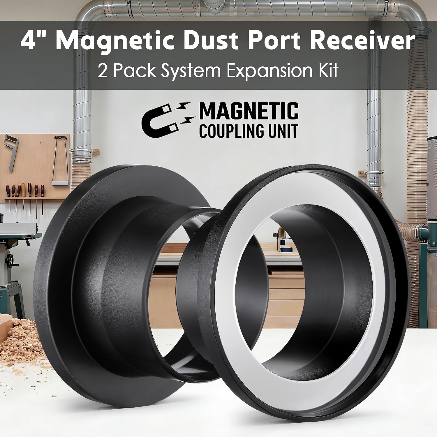 Saillong 2 Pack Magnetic Dust Collection Fittings, Quick Connect Dust Collection Hose Connector and Steel Ring Port Receiver (4" Steel Ring Port Receiver)