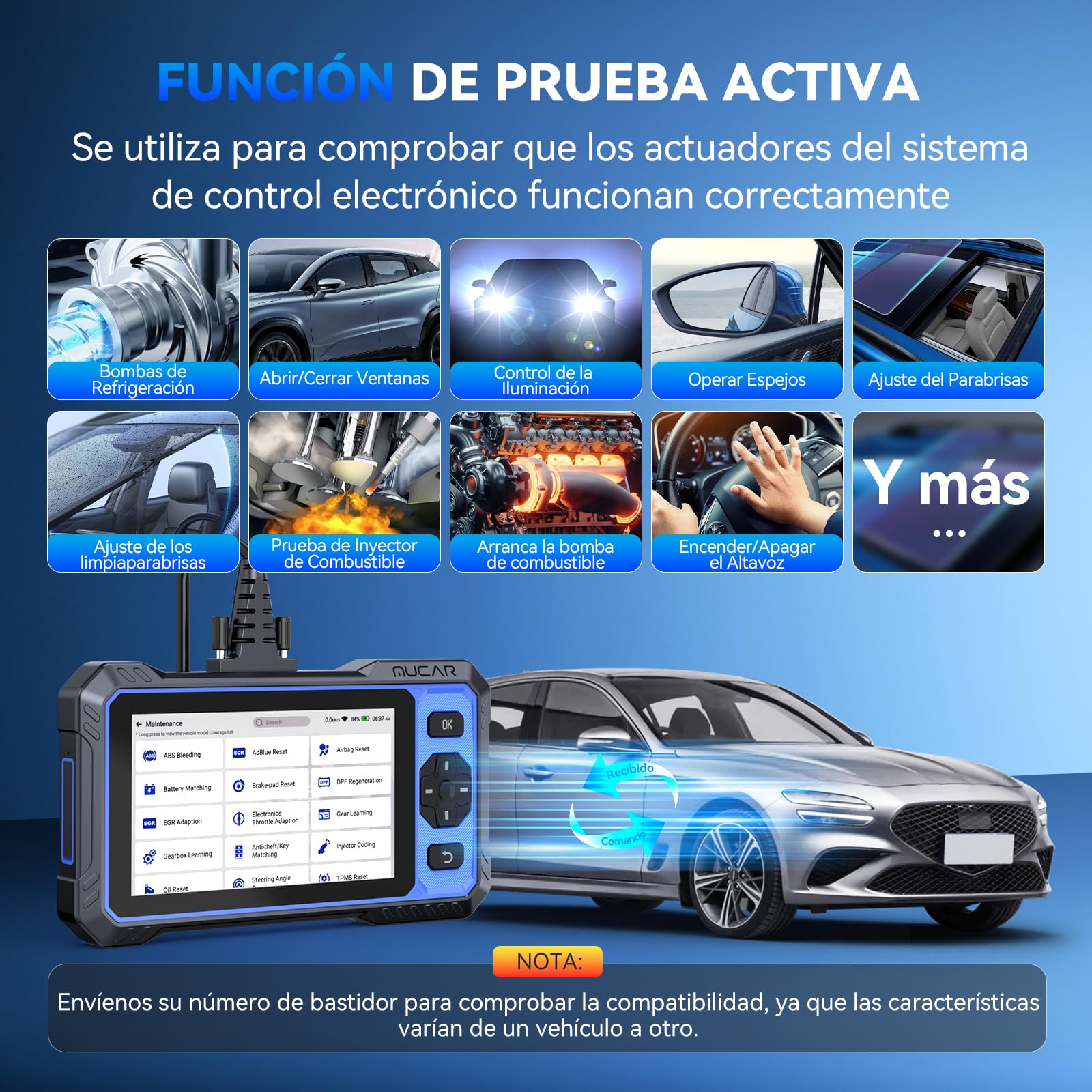 OBD2 Diagnosis, MUCAR 632 Diagnosis Coche Multimarca de 4 Sistema(ECM/TCM/SRS/ABS), Diagnosis Coche con 15 Funciones de Reinicio/Vin Automático/Prueba Activa-Actualización Gratuita
