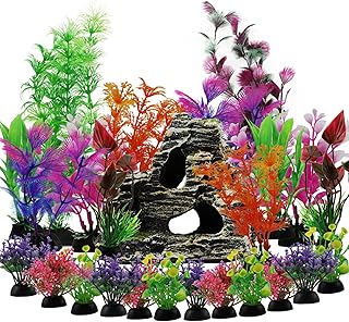 QUOZUO 25 plantas decorativas de acuario con vista de rocalla, plantas de plástico para decoración de acuario y adornos de escondite de cueva de roca, accesorios de pecera para acuarios