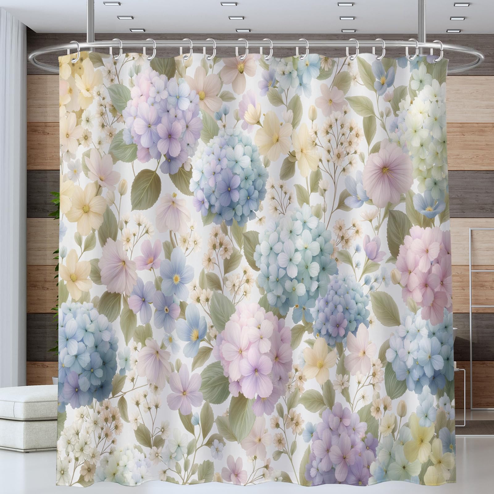 Hortensia Rideau de Bain Tissu Polyester Peinture à l'aquarelle Anti Moisissure Imperméable Lavable Rideaux Salle de Bain ，séchage Rapide 180 x 200 cm
