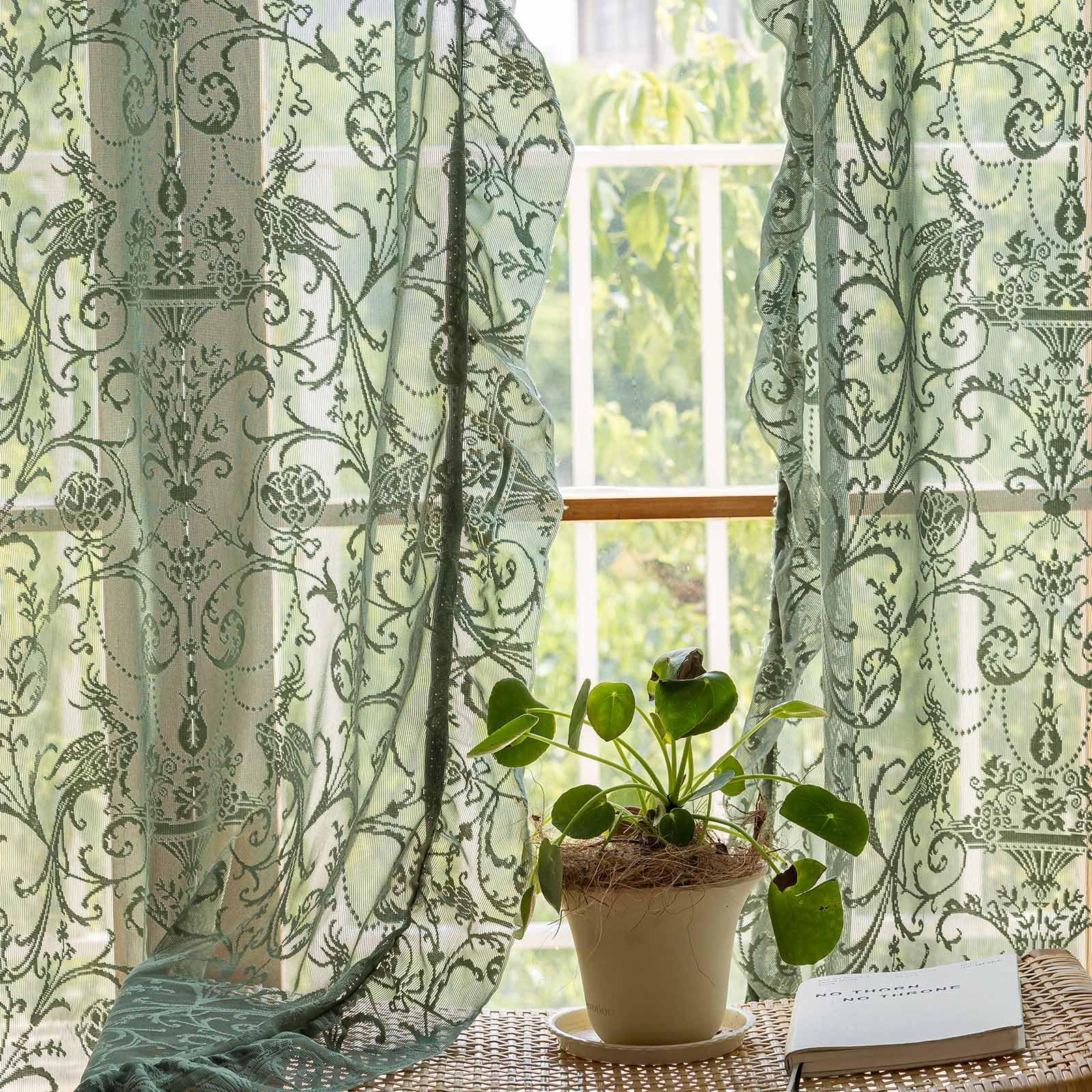 TUDECO Green Lace Curtains 72 Inch Length 2 Panels - Victorian Olive Sheer Floral Curtains for Bedroom Nursery Boho Ruffle Privacy for Doorway Closet